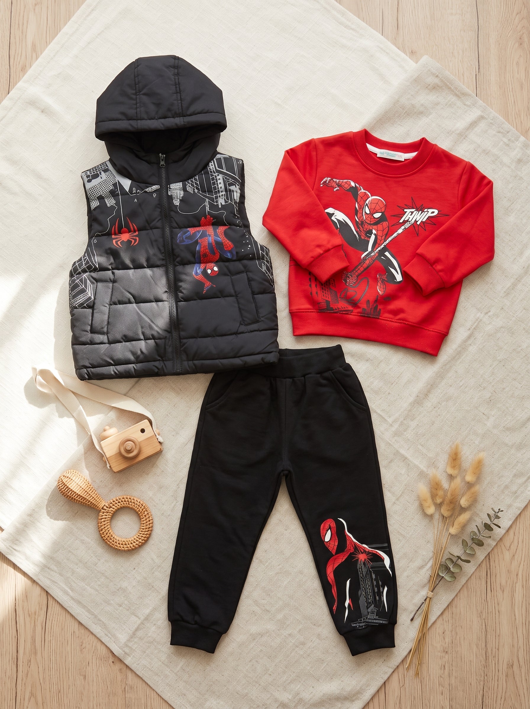 Kids Superhero 3 Piece Outfit Set With Hooded Puffer Vest Sweatshirt And Trousers