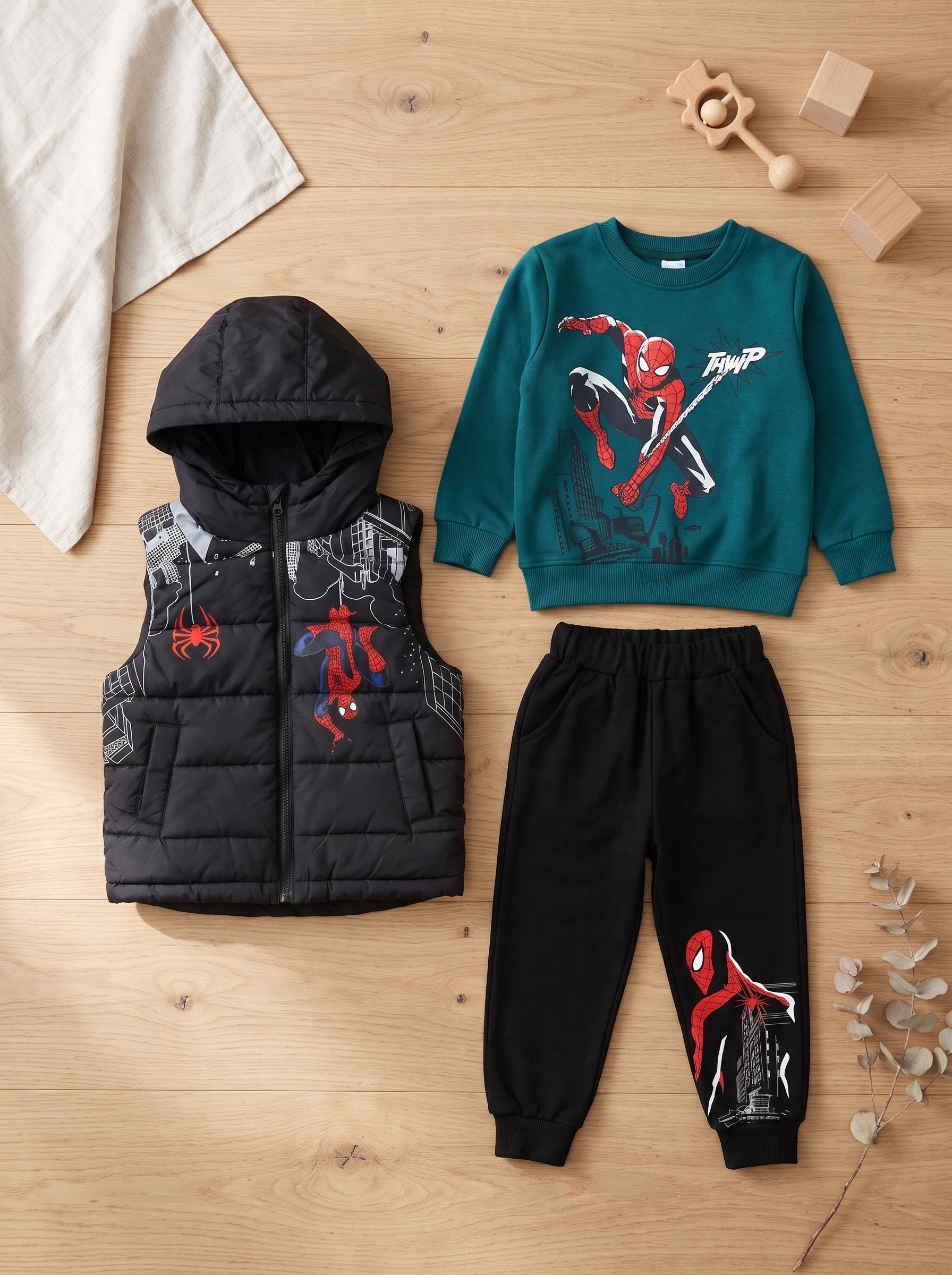 Kids Superhero 3 Piece Outfit Set With Hooded Puffer Vest Sweatshirt And Trousers