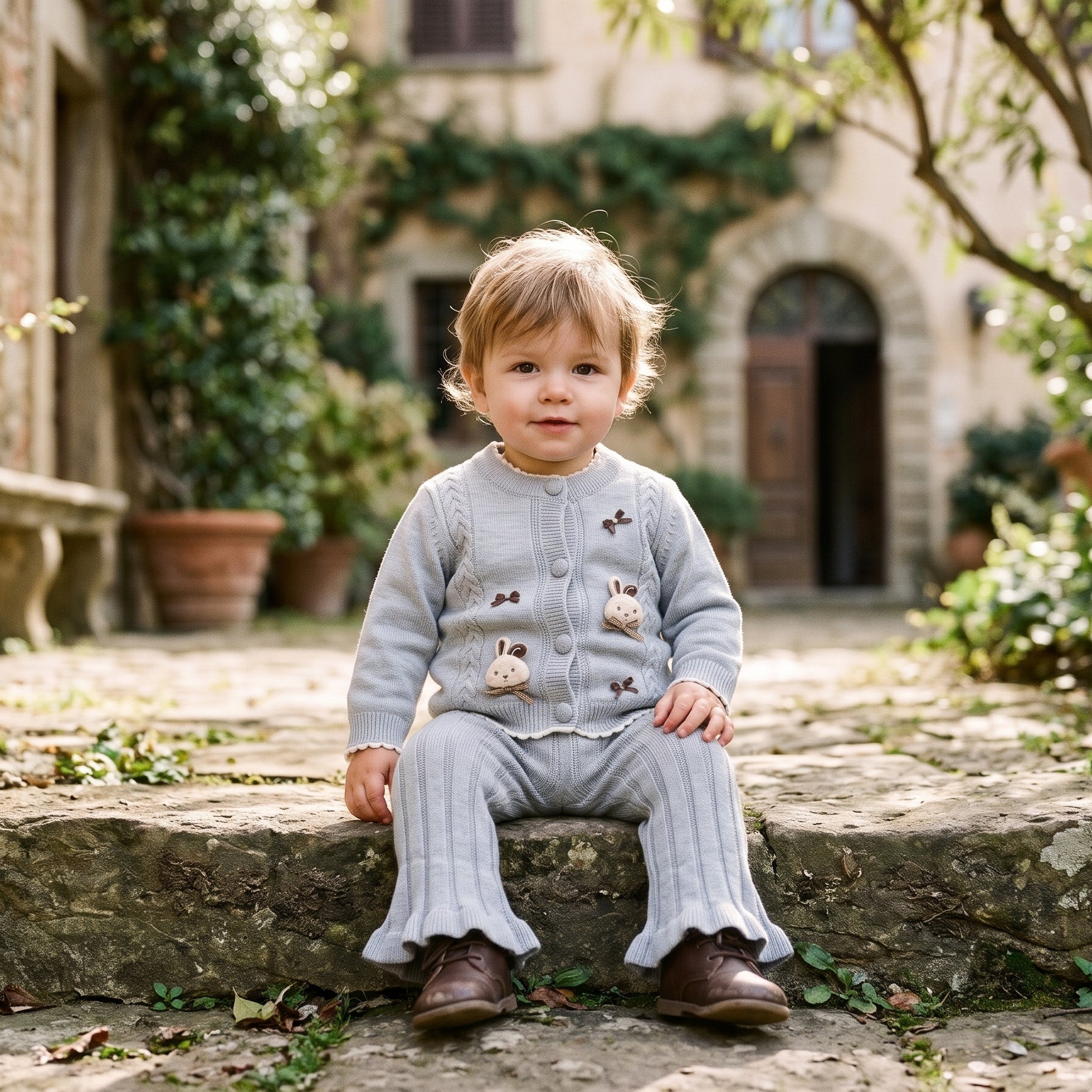 Charming Buttoned Knit Cardigan Matching Ruffled Trouser Outfit Set For Sweet Baby Kids