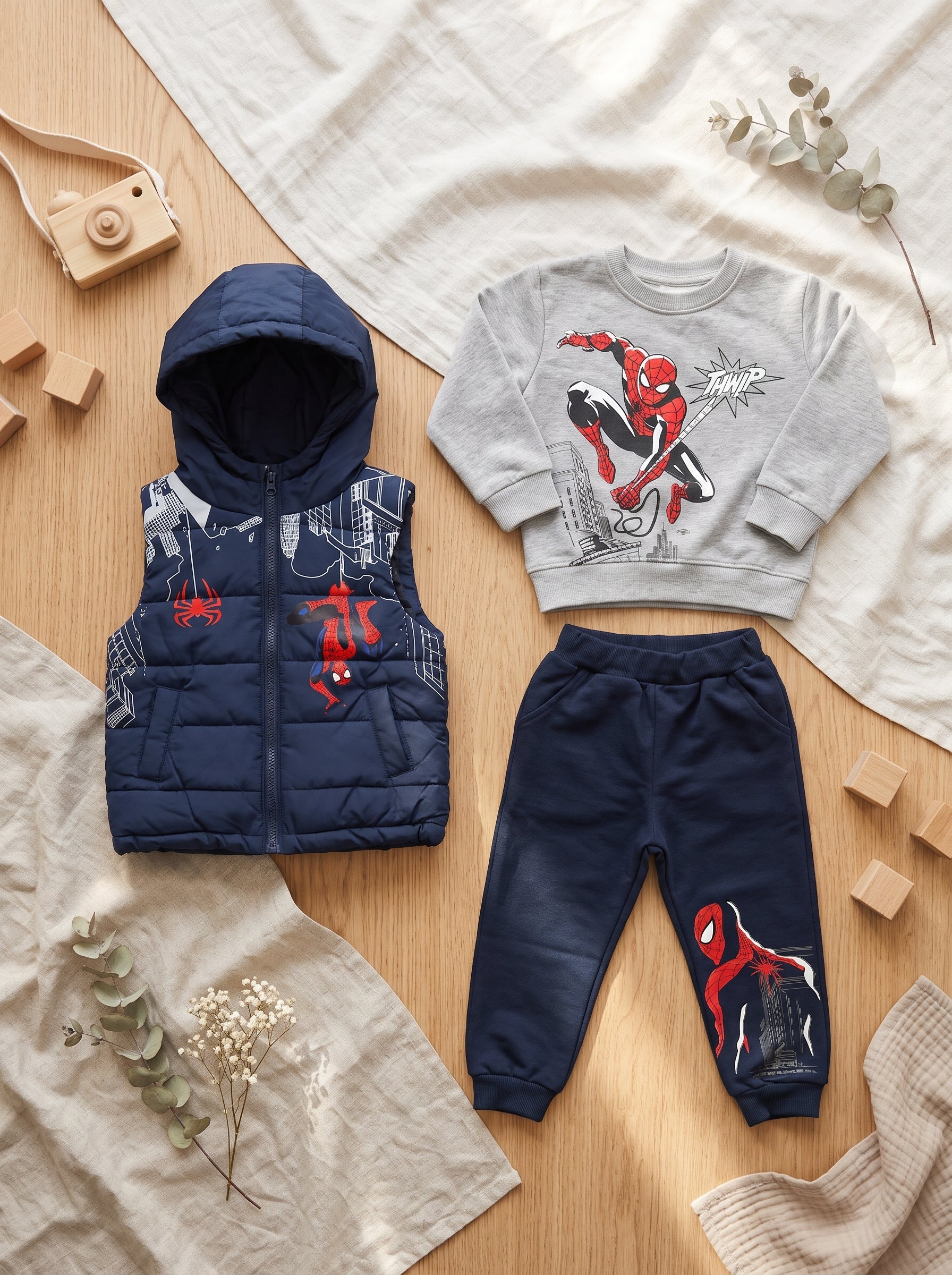 Kids Superhero 3 Piece Outfit Set With Hooded Puffer Vest Sweatshirt And Trousers