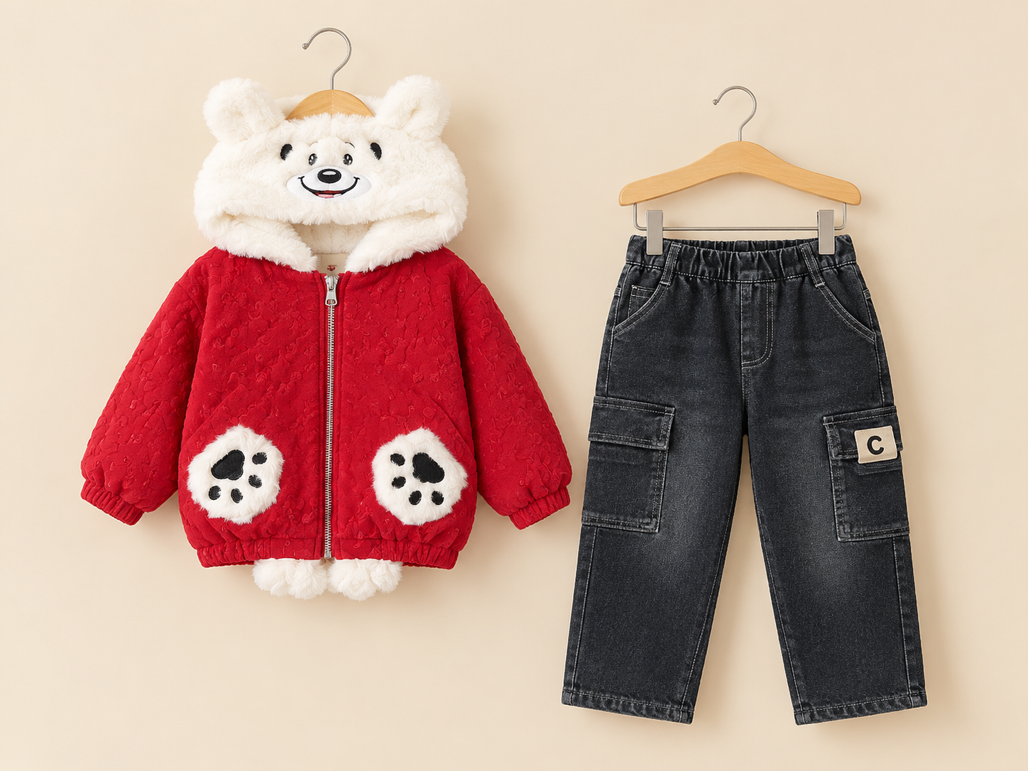 Kids Winter Bear Hooded Jacket And Denim Cargo Trousers 2 Piece Outfit