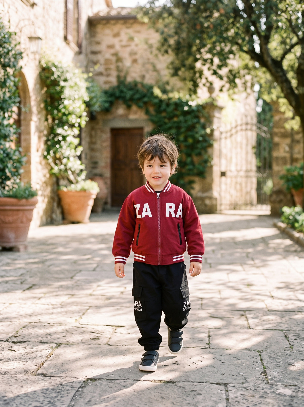 Toddler Boys Trendy Printed Bomber Jacket Black Cargo Trousers Outfit Set Kids Clothing