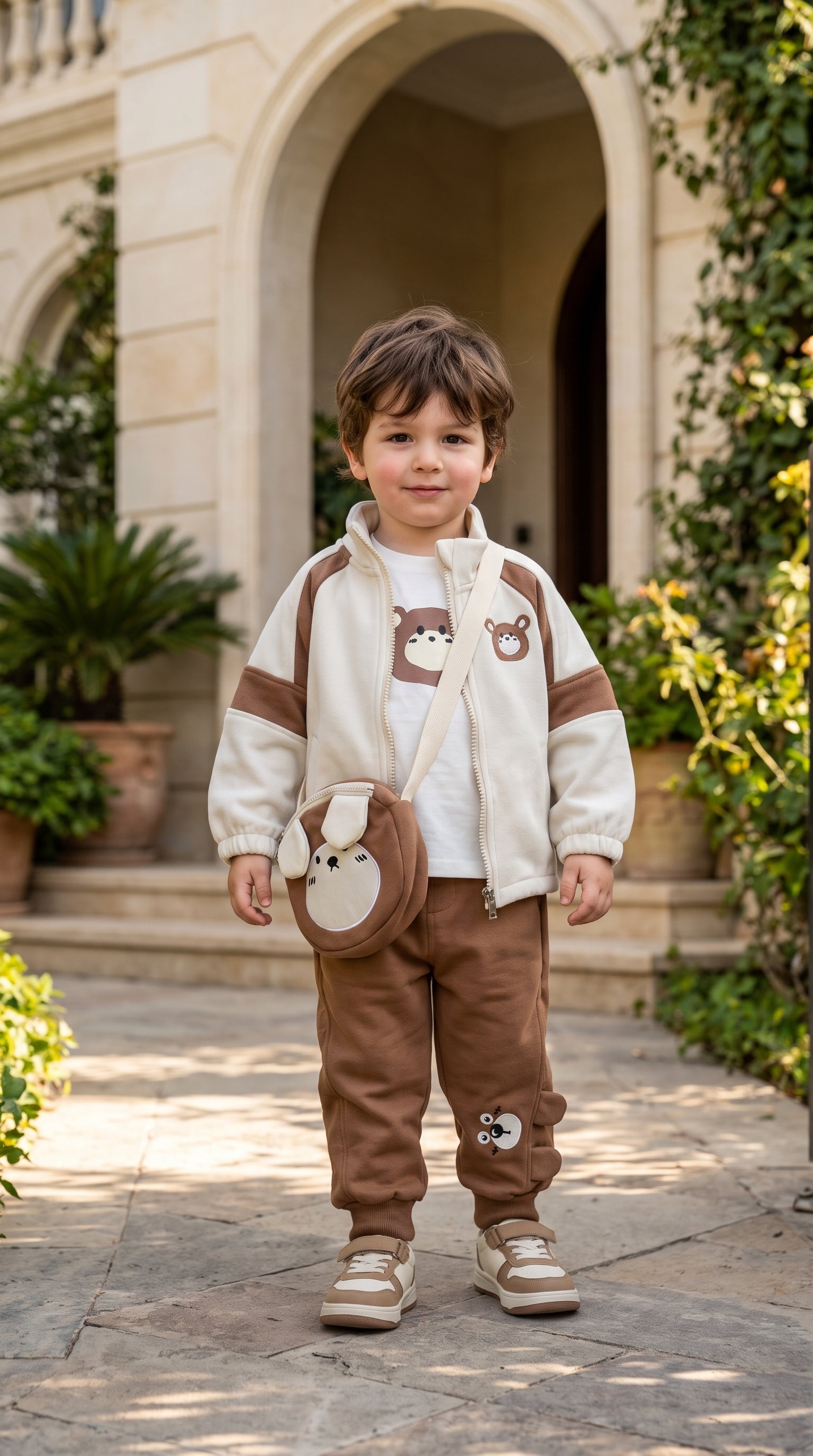 Cute Toddler Boy Bear Tracksuit Set With Matching Crossbody Bag And Cozy Jacket