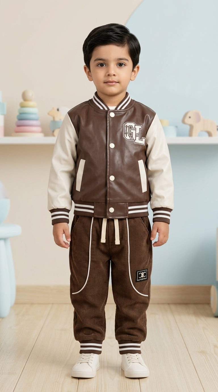 Boys Leather Varsity Bomber Jacket T-Shirt and Corduroy Pants Three Piece Winter Set