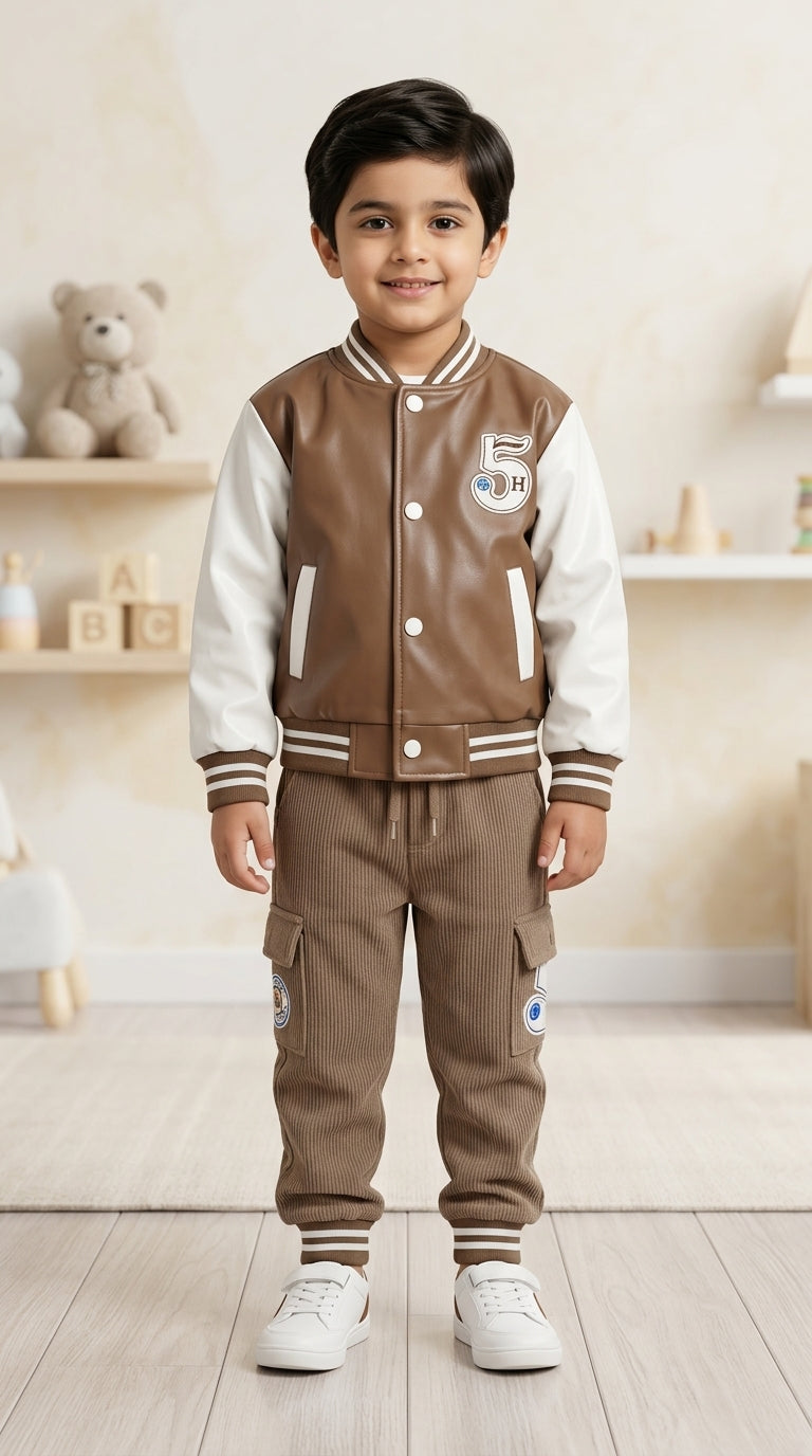Boys Leather Varsity Bomber Jacket Hoodie and Corduroy Cargo Pants Three Piece Winter Set