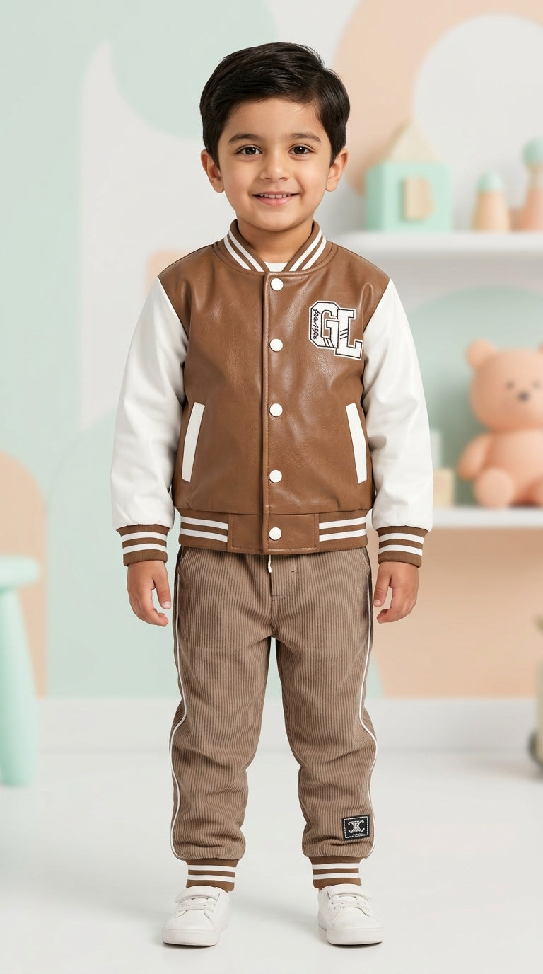 Boys Leather Varsity Bomber Jacket T-Shirt and Corduroy Pants Three Piece Winter Set
