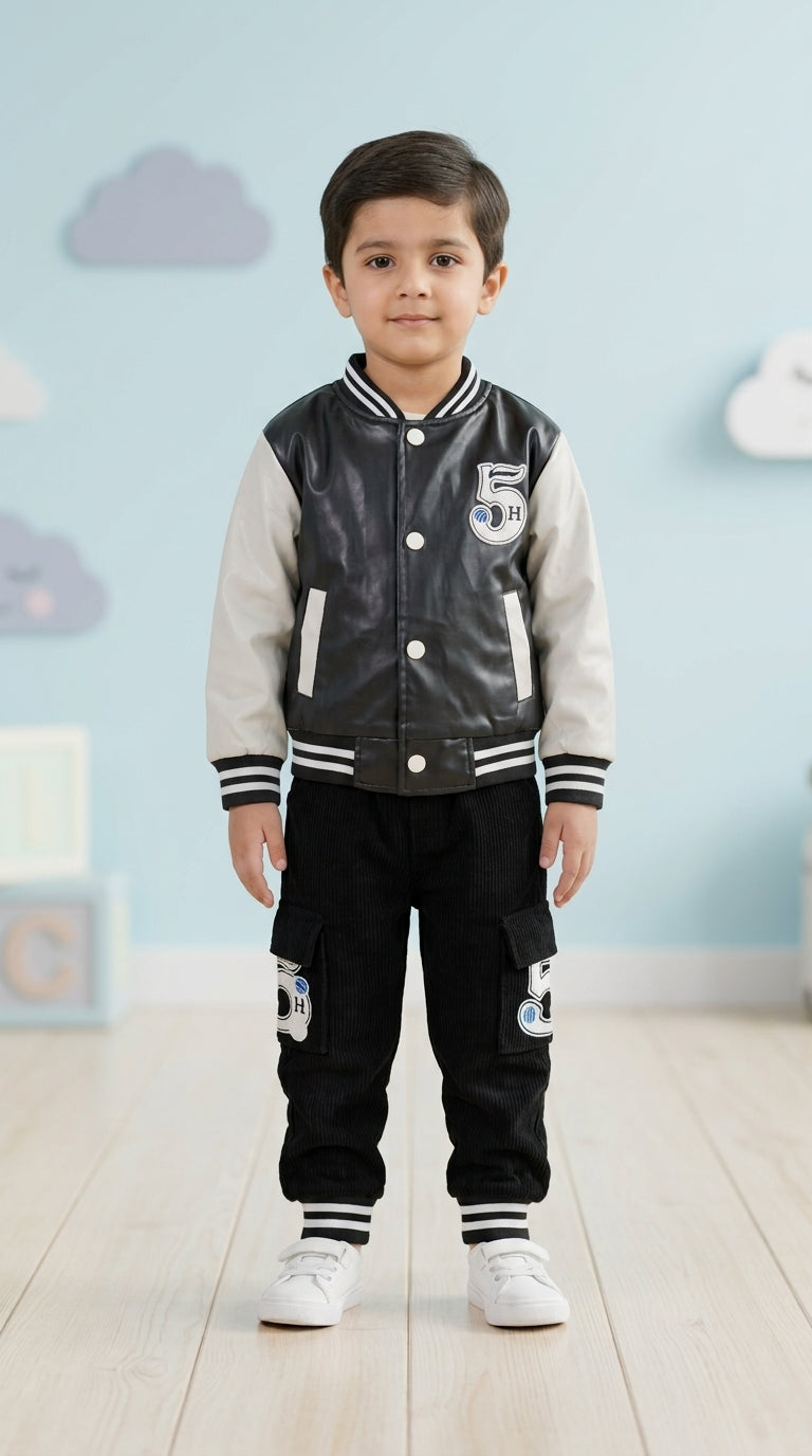 Boys Leather Varsity Bomber Jacket Hoodie and Corduroy Cargo Pants Three Piece Winter Set