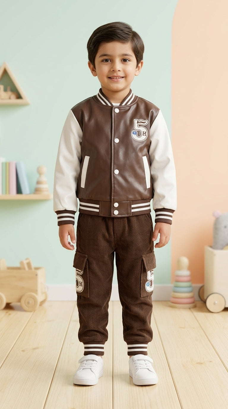 Boys Leather Varsity Bomber Jacket Hoodie and Corduroy Cargo Pants Three Piece Winter Set
