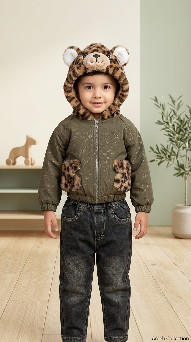 Stylish Navy Blue Animal Hooded Jacket With Denim Pants Winter Outfit For Boys