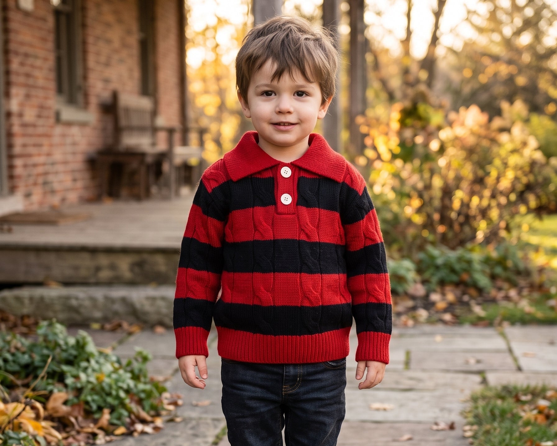 Cozy Kids Yellow And Black Striped Cable Knit Collared Winter Sweater For Boys Daily Wear