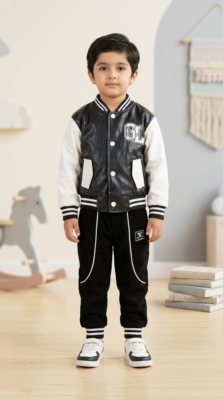 Boys Leather Varsity Bomber Jacket T-Shirt and Corduroy Pants Three Piece Winter Set