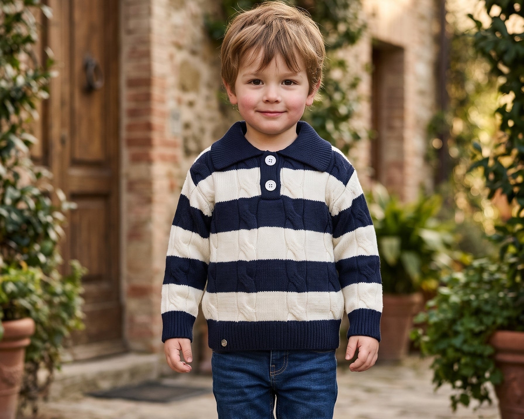 Cozy Kids Yellow And Black Striped Cable Knit Collared Winter Sweater For Boys Daily Wear