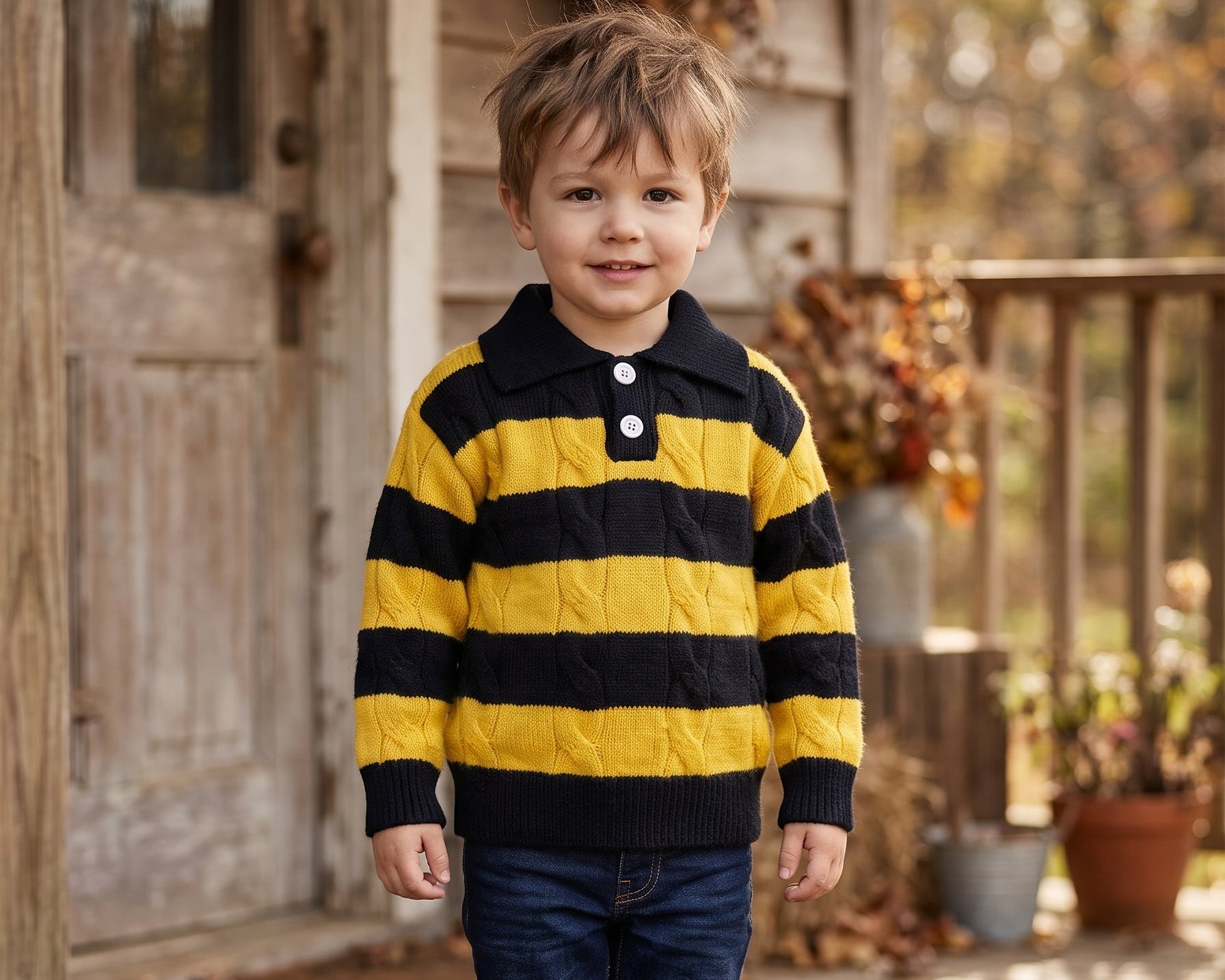 Cozy Kids Yellow And Black Striped Cable Knit Collared Winter Sweater For Boys Daily Wear