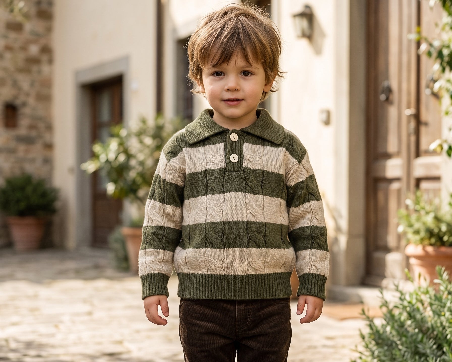 Cozy Kids Yellow And Black Striped Cable Knit Collared Winter Sweater For Boys Daily Wear