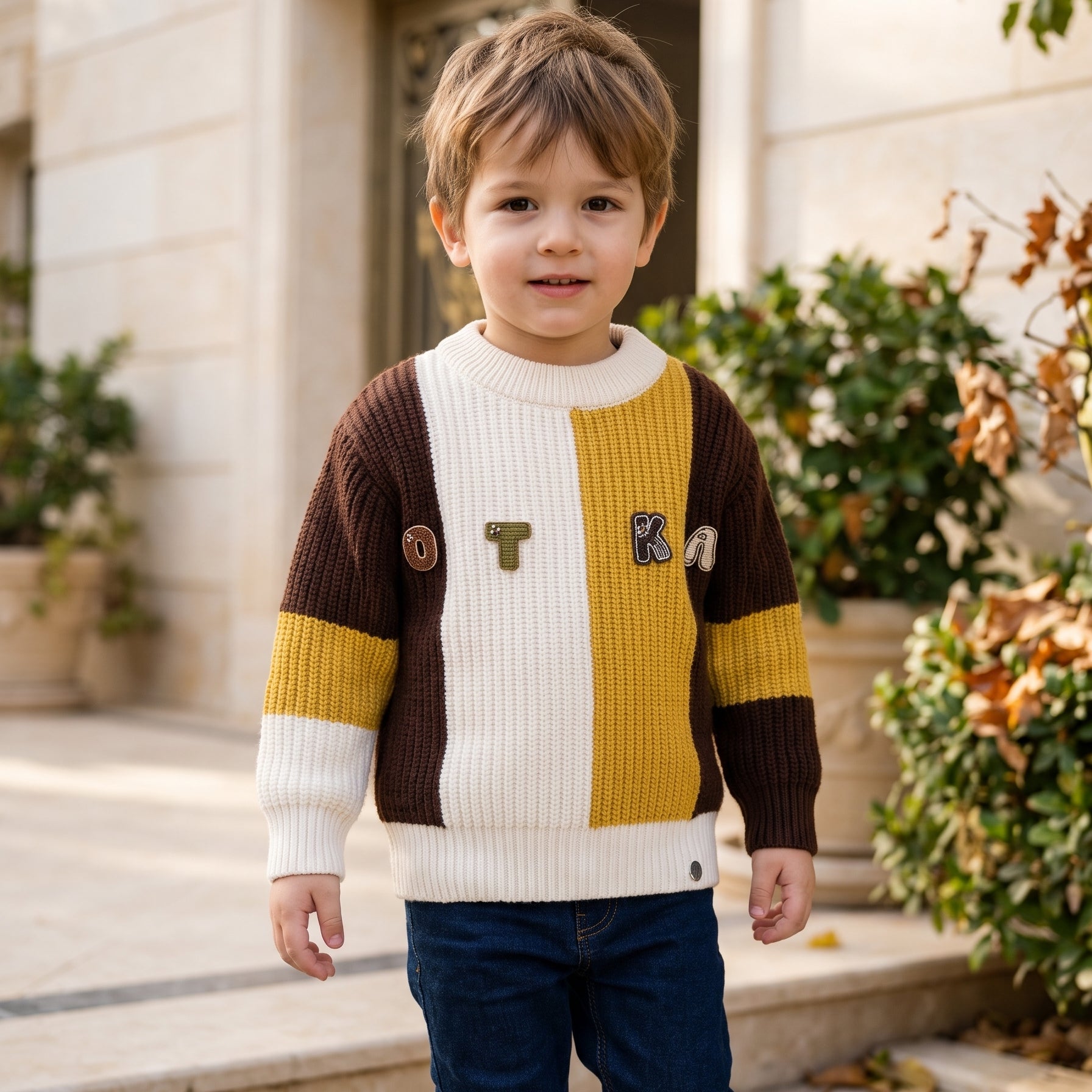 Cozy Kids Color Block Crew Neck Knitted Winter Sweater Stylish Letter Applique For Boys