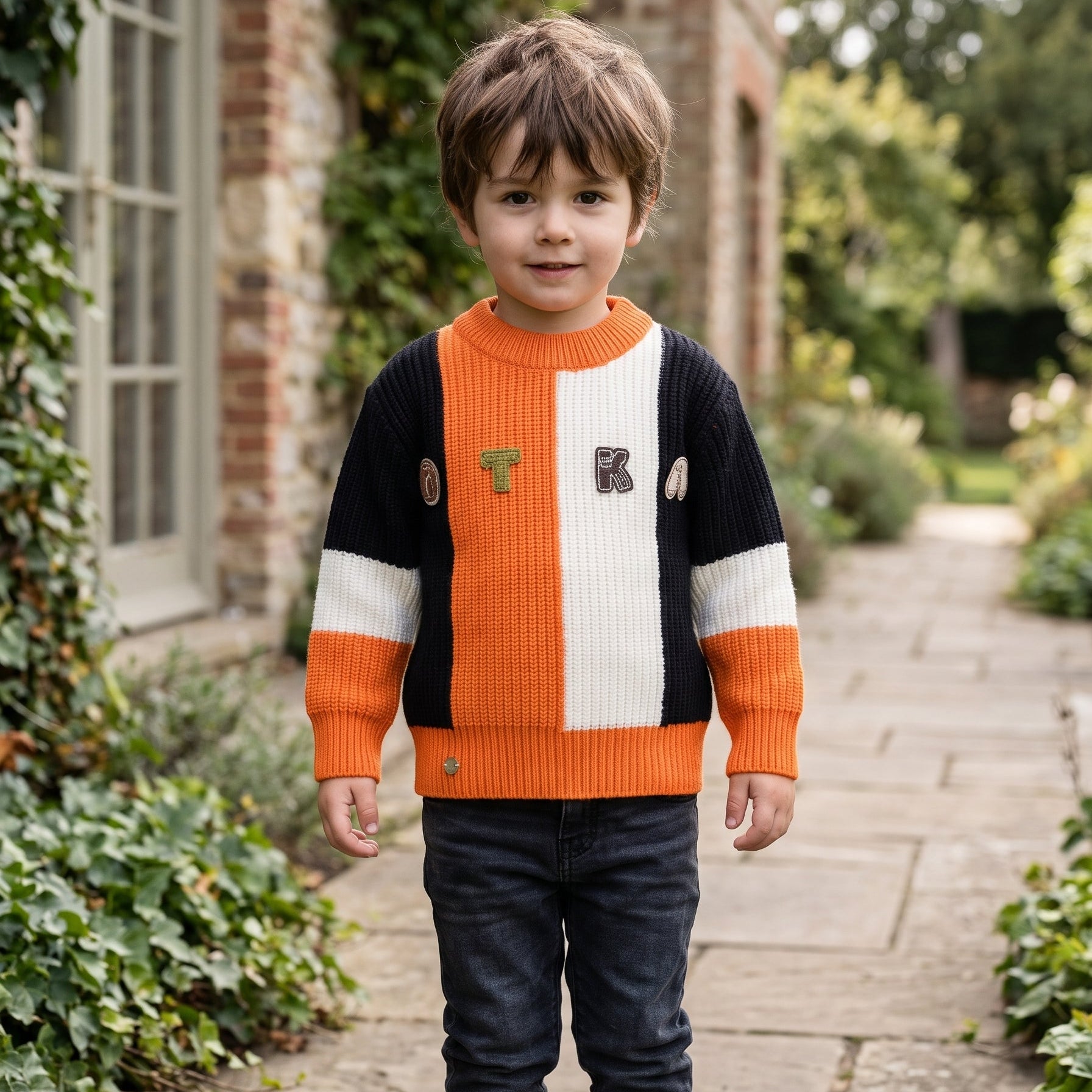 Cozy Kids Color Block Crew Neck Knitted Winter Sweater Stylish Letter Applique For Boys