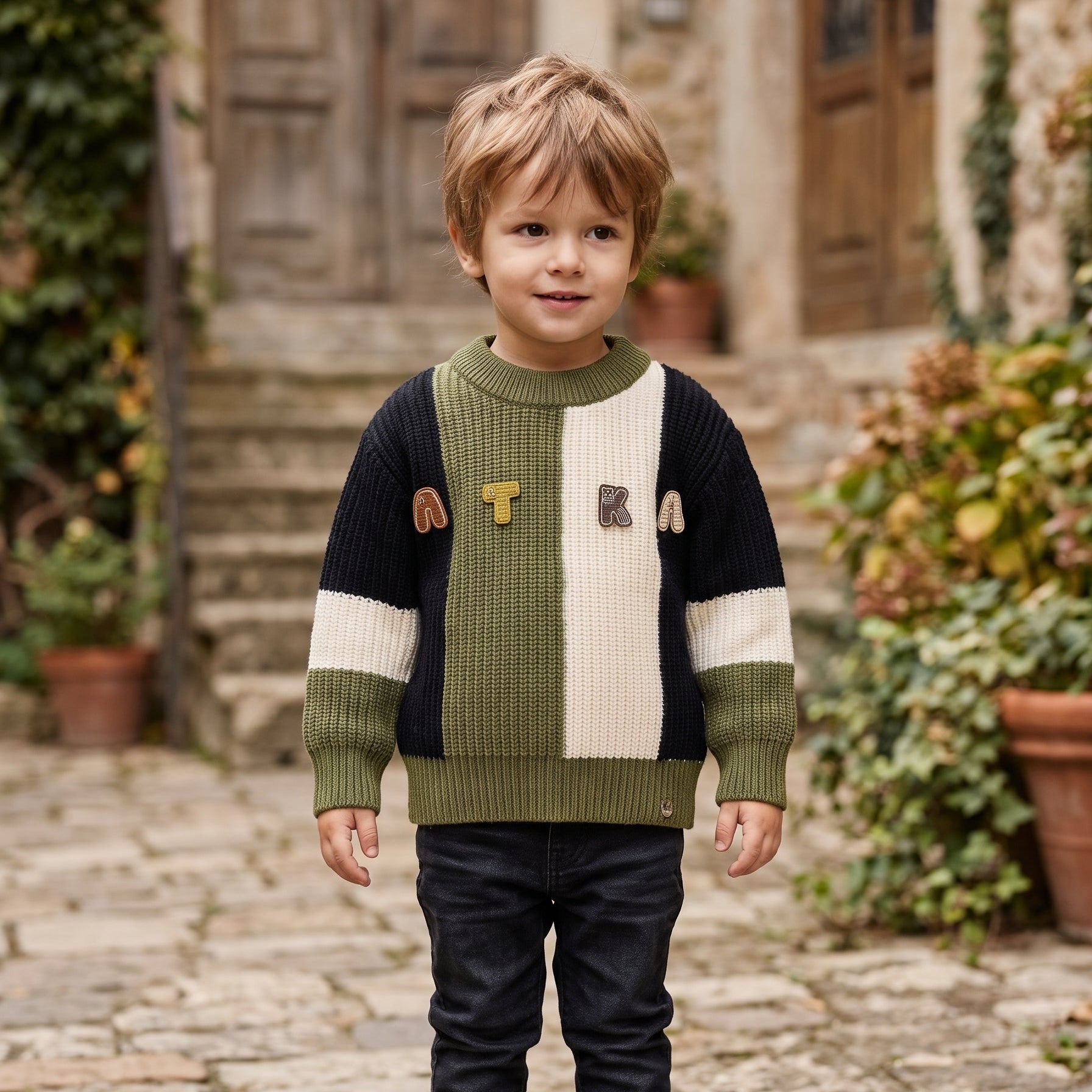 Cozy Kids Color Block Crew Neck Knitted Winter Sweater Stylish Letter Applique For Boys