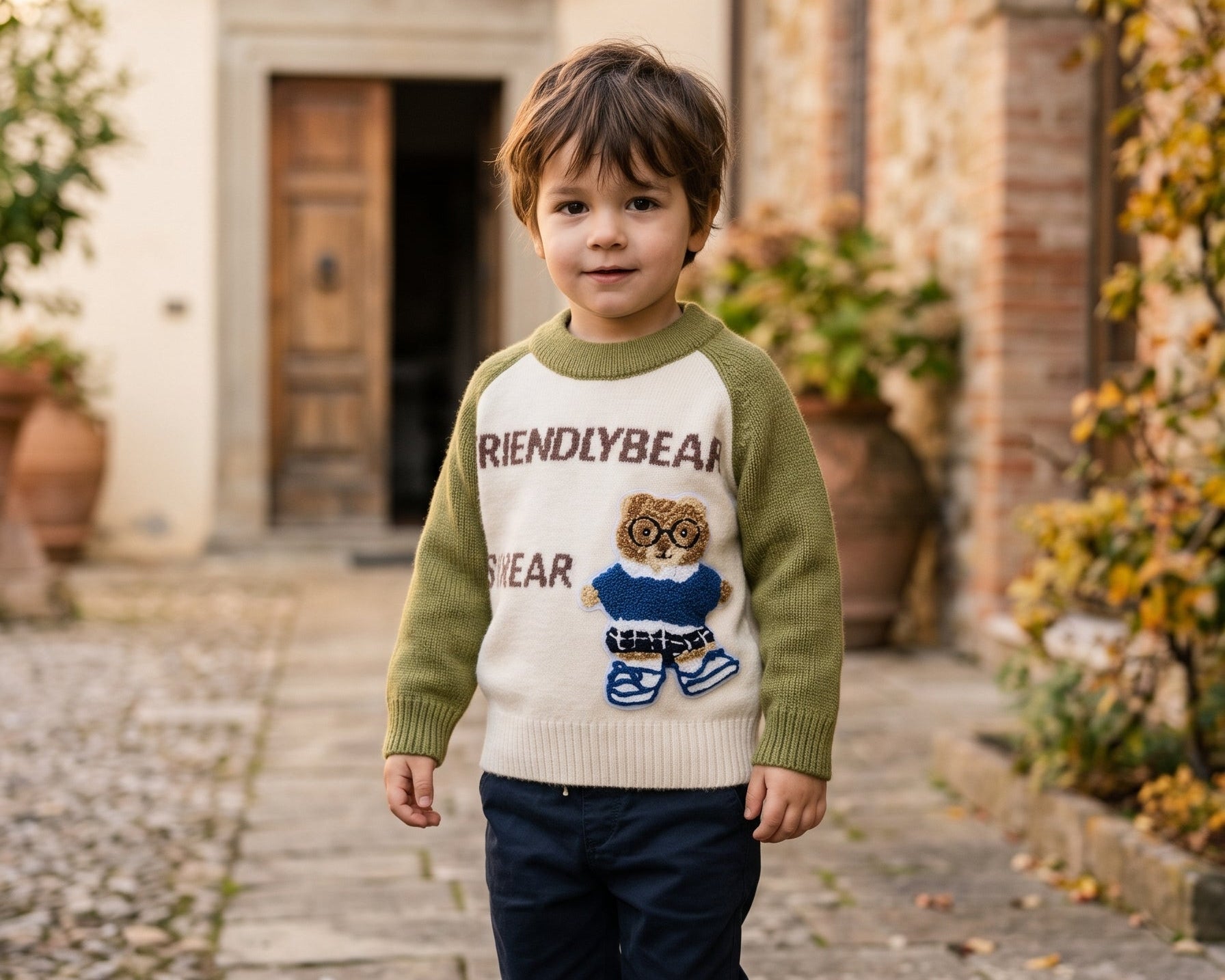 Boys Warm Winter Knit Sweater Cute Teddy Bear Patchwork Long Sleeve Casual Pullover Jumper