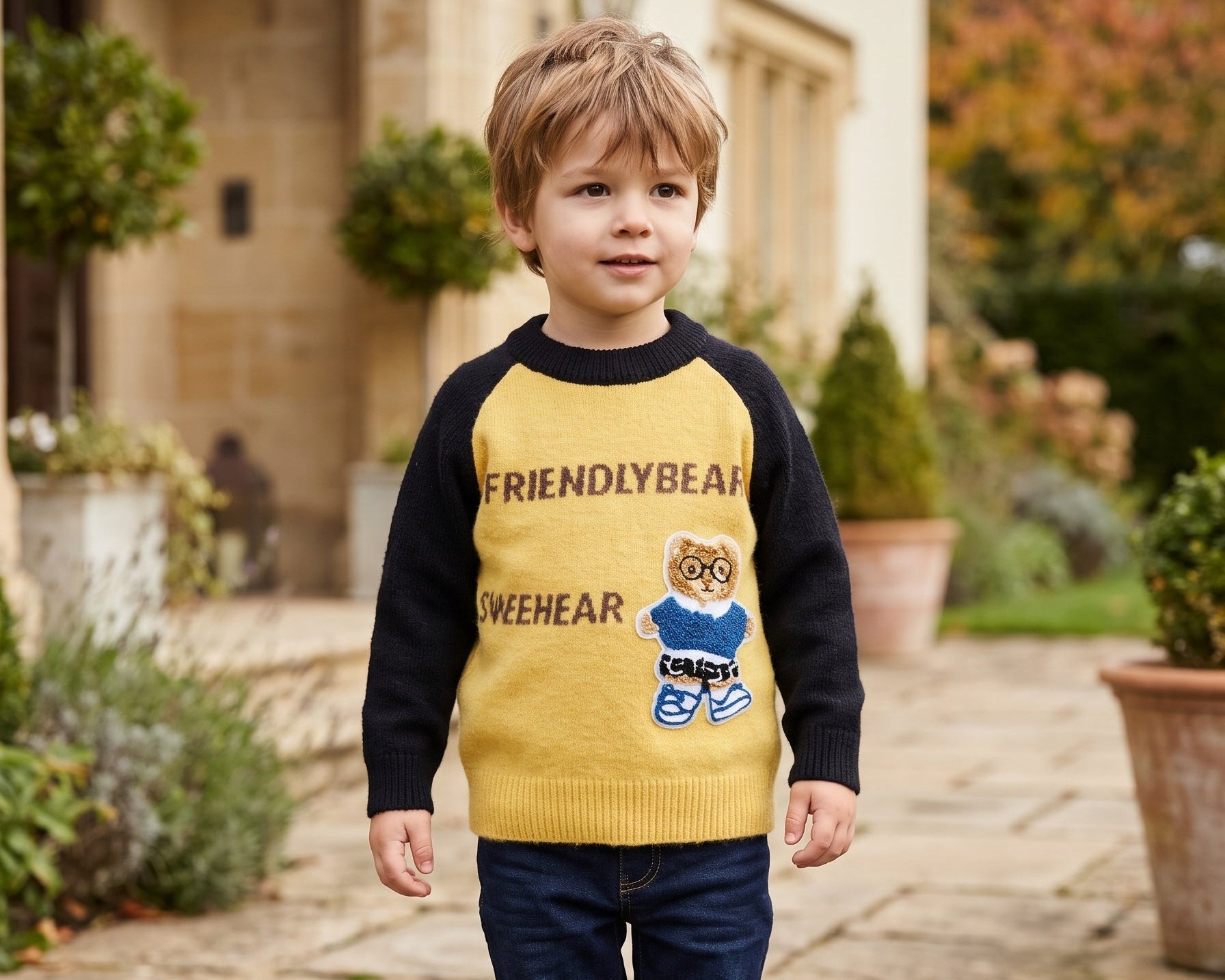 Boys Warm Winter Knit Sweater Cute Teddy Bear Patchwork Long Sleeve Casual Pullover Jumper