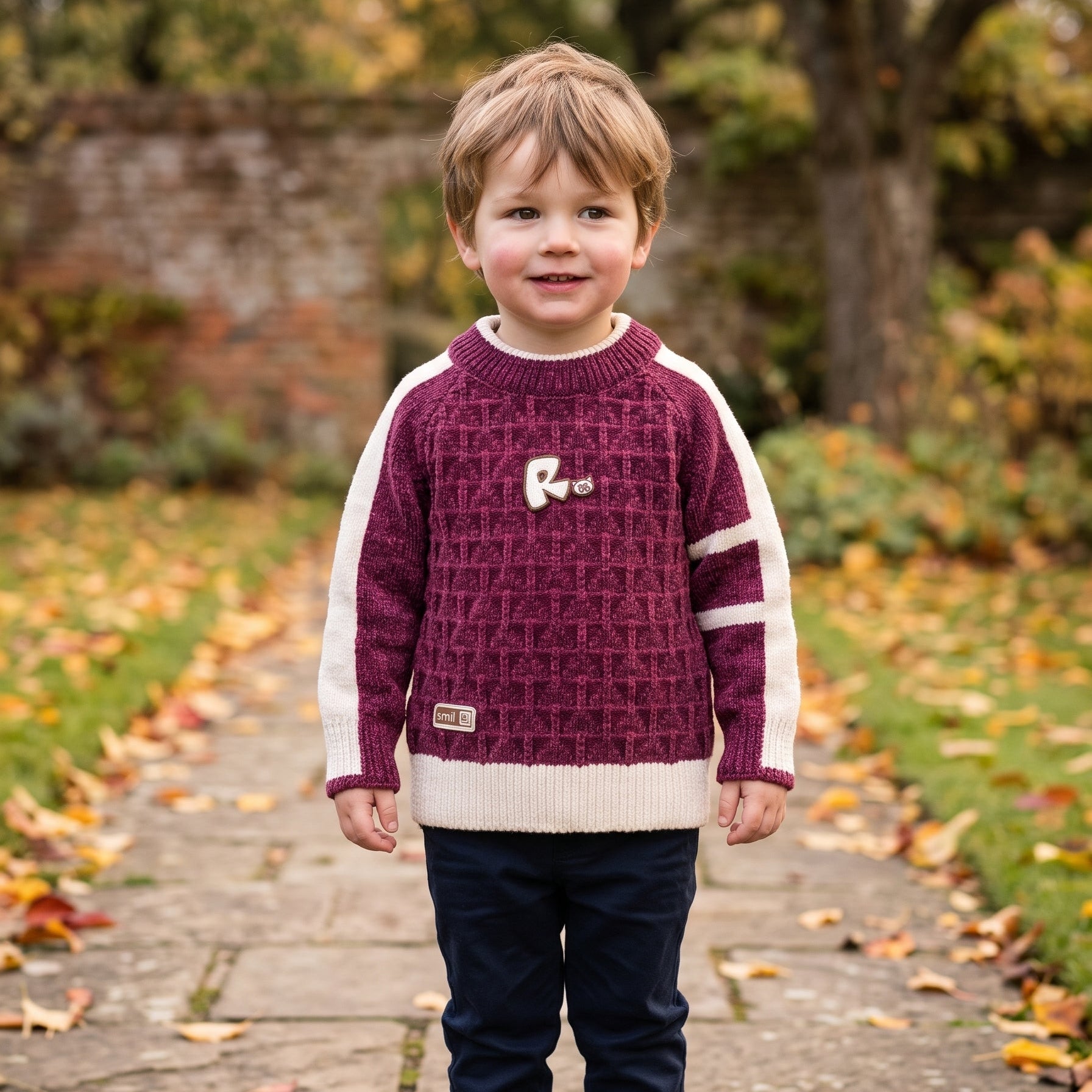 Boys Warm Winter Textured Knit Pullover Sweater Letter Patch Casual Long Sleeve Jumper