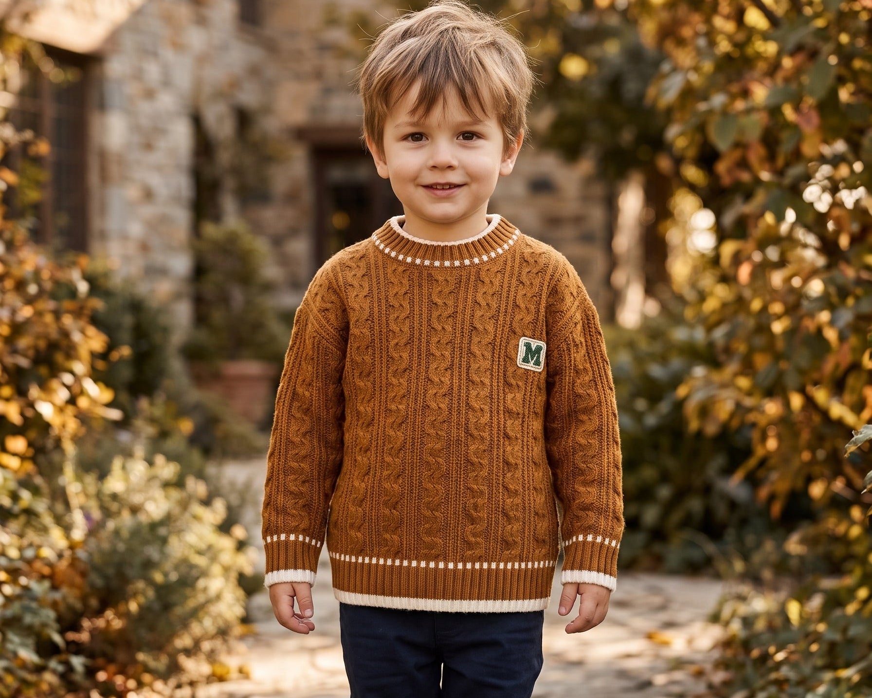 Boys Warm Winter Cable Knit Pullover Sweater Letter M Patch Casual Long Jumper