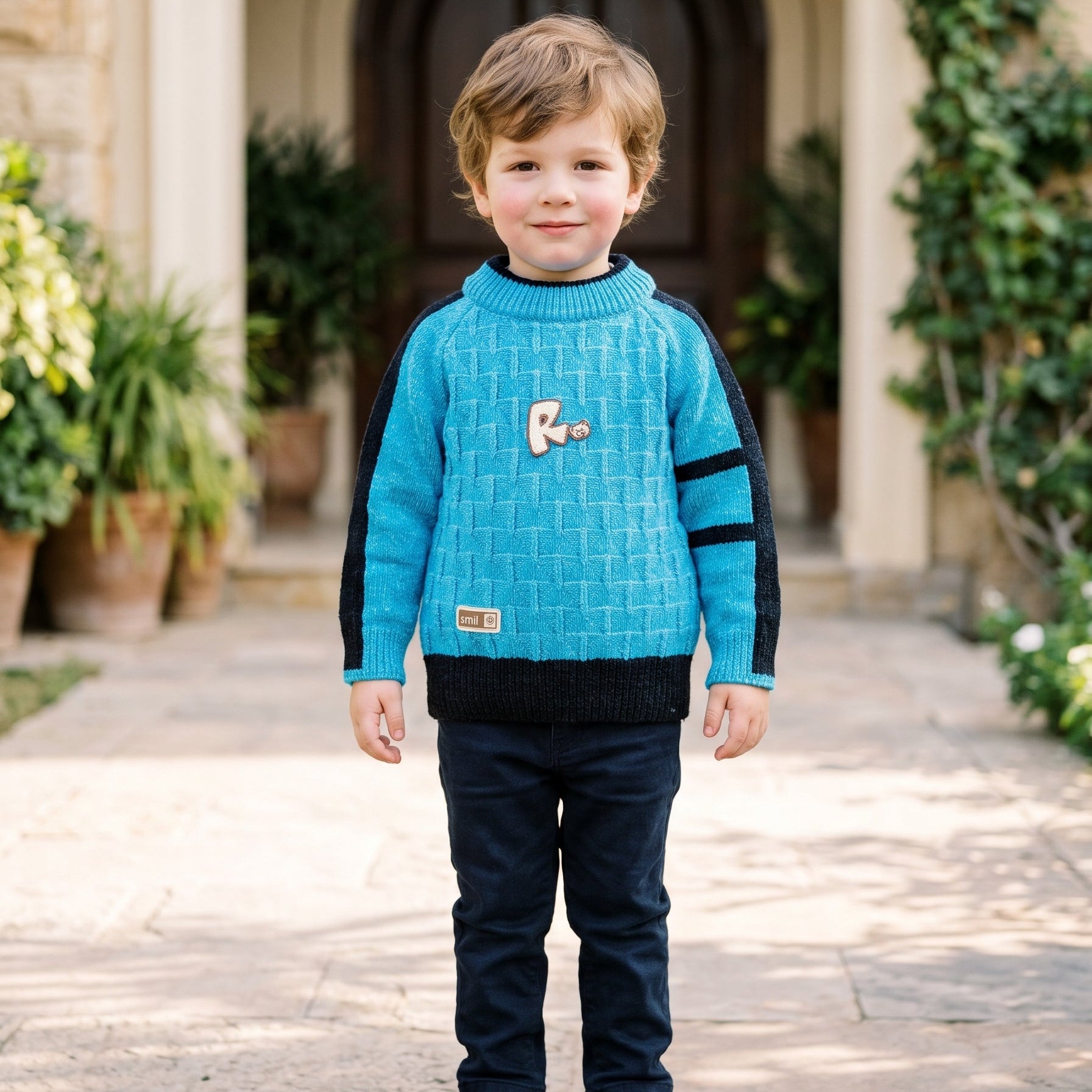 Boys Warm Winter Textured Knit Pullover Sweater Letter Patch Casual Long Sleeve Jumper