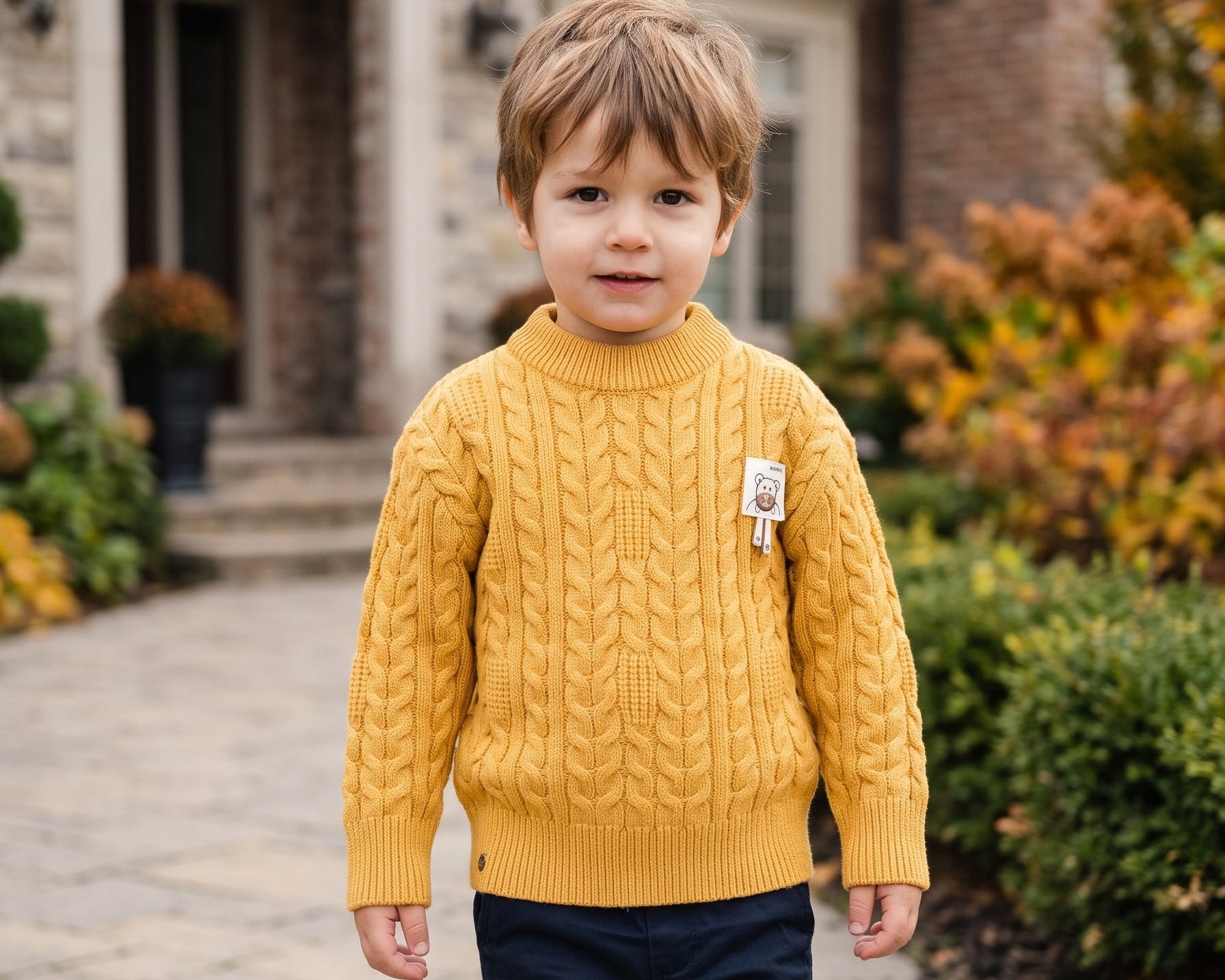 Boys Warm Winter Cable Knit Pullover Sweater Cute Small Bear Patch Casual Jumper