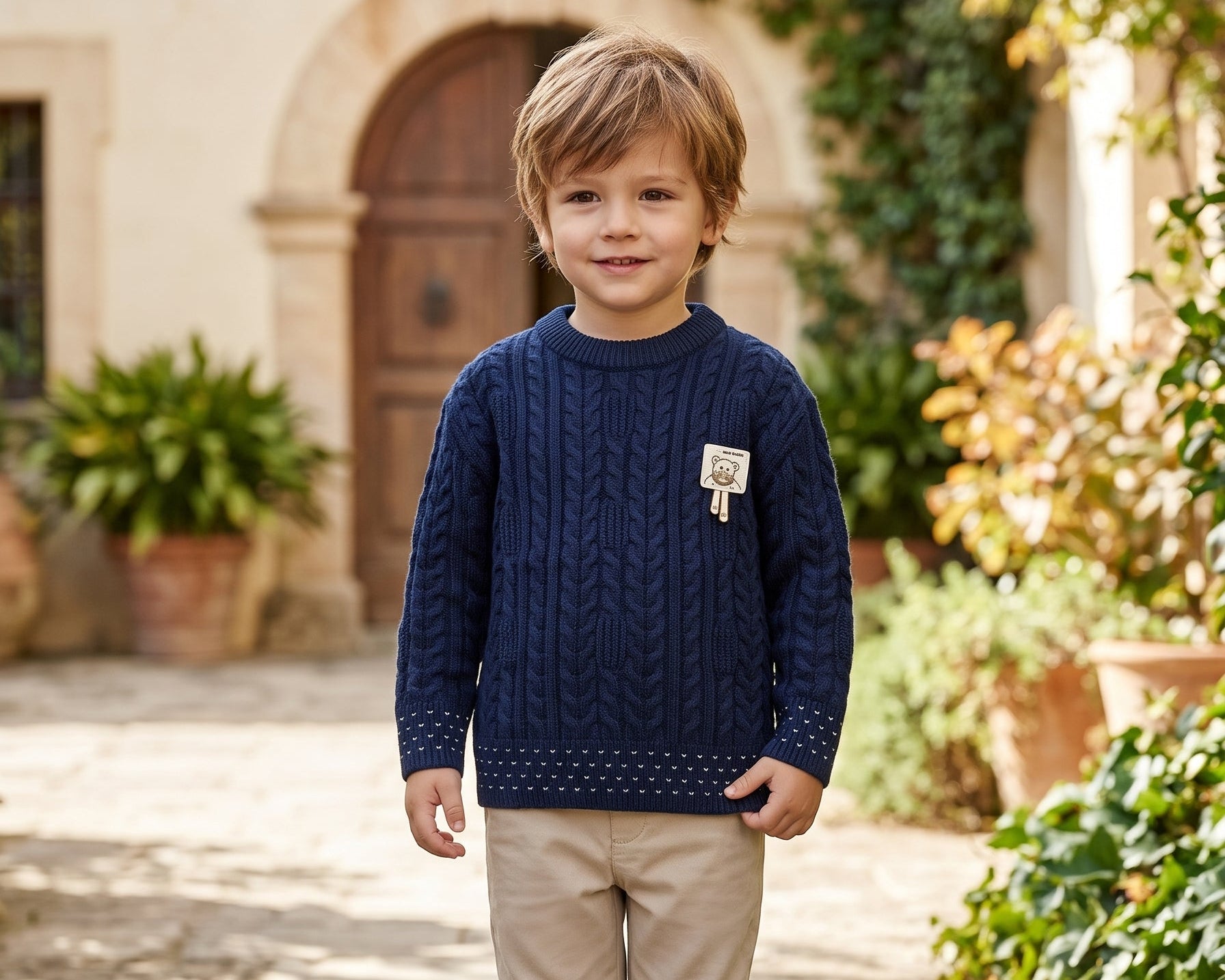 Boys Warm Winter Cable Knit Pullover Sweater Cute Small Bear Patch Casual Jumper