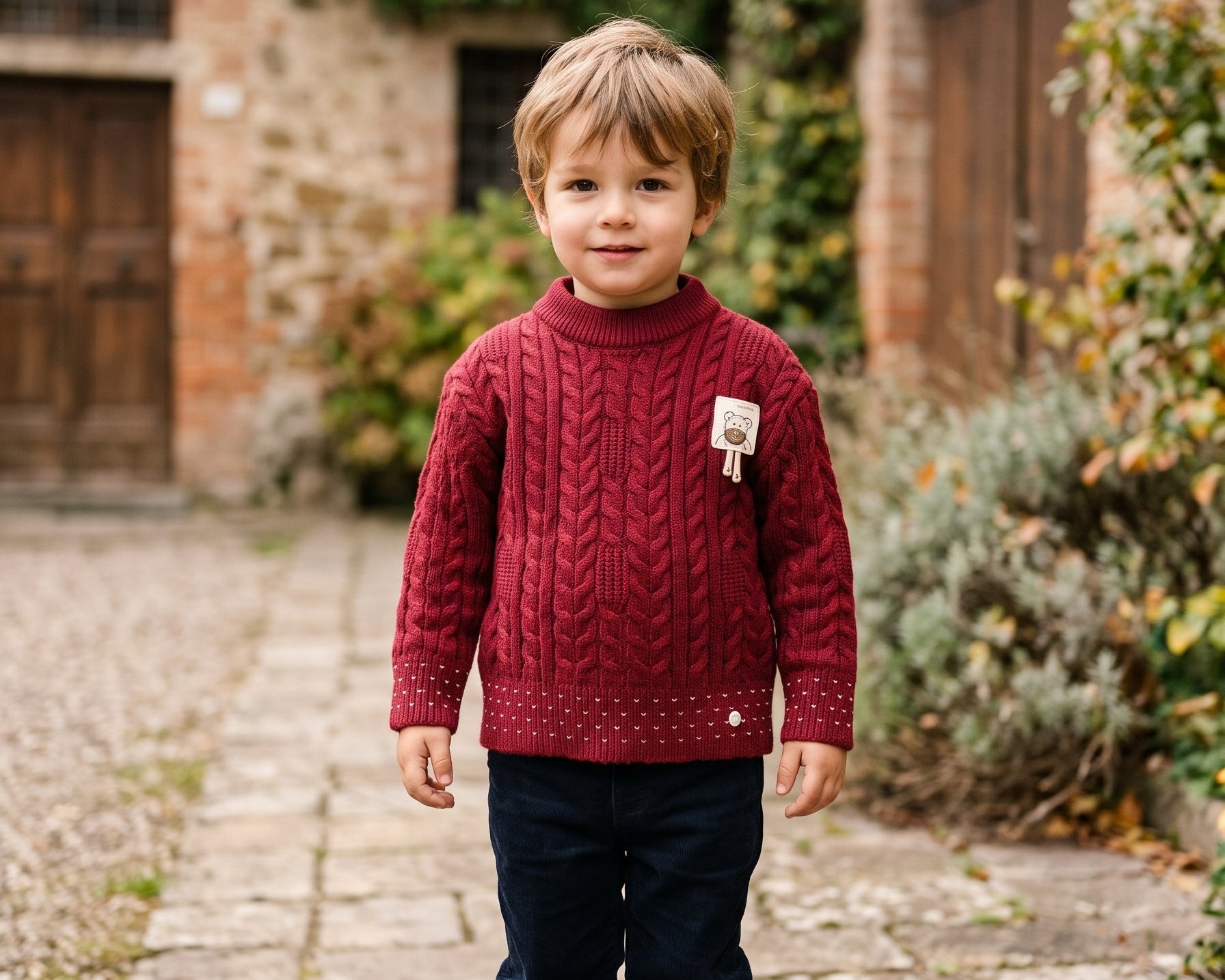 Boys Warm Winter Cable Knit Pullover Sweater Cute Small Bear Patch Casual Jumper
