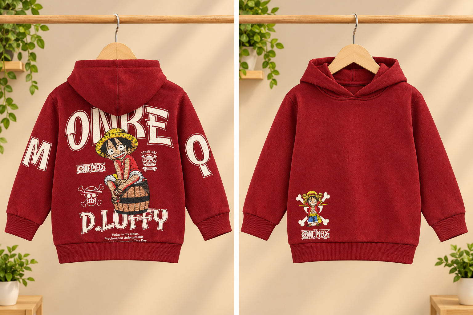 Kids Winter Fleece Hoodie Monkey D Luffy Anime Graphic Printed Front And Back