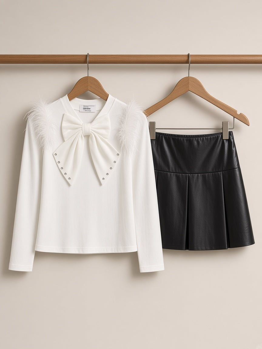 Stylish Kids Two Piece Feather Shoulder Top And Faux Leather Skirt Set