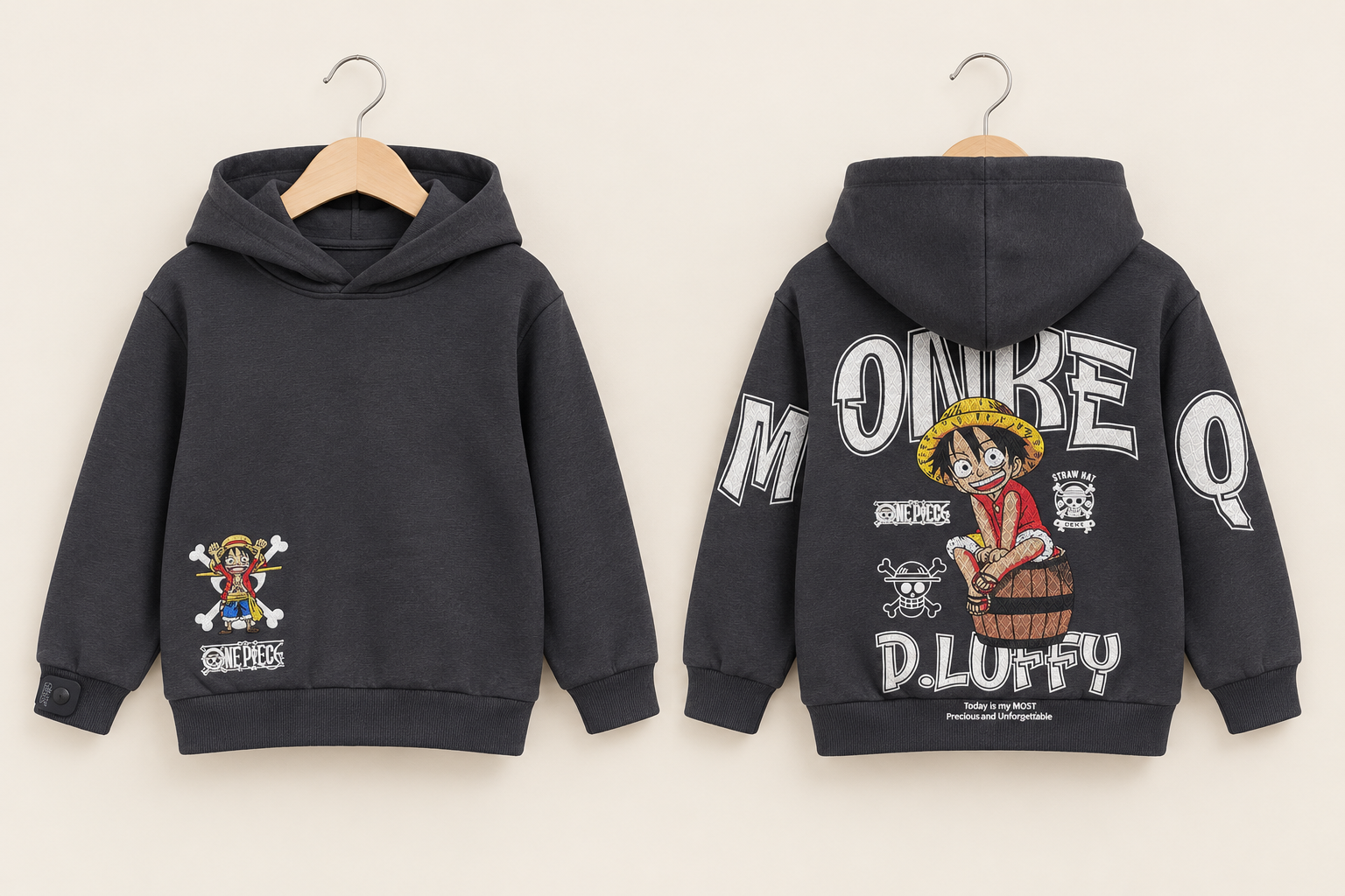 Kids Winter Fleece Hoodie Monkey D Luffy Anime Graphic Printed Front And Back