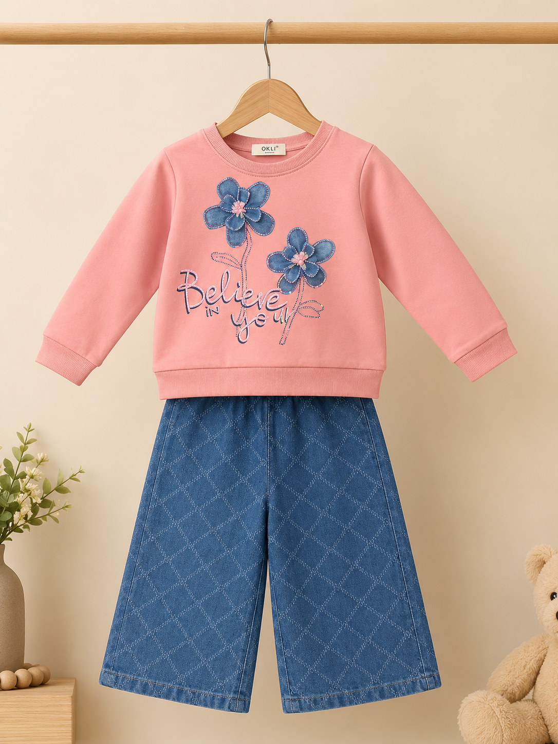 Kids Floral Print Sweatshirt And Quilted Blue Trousers Set