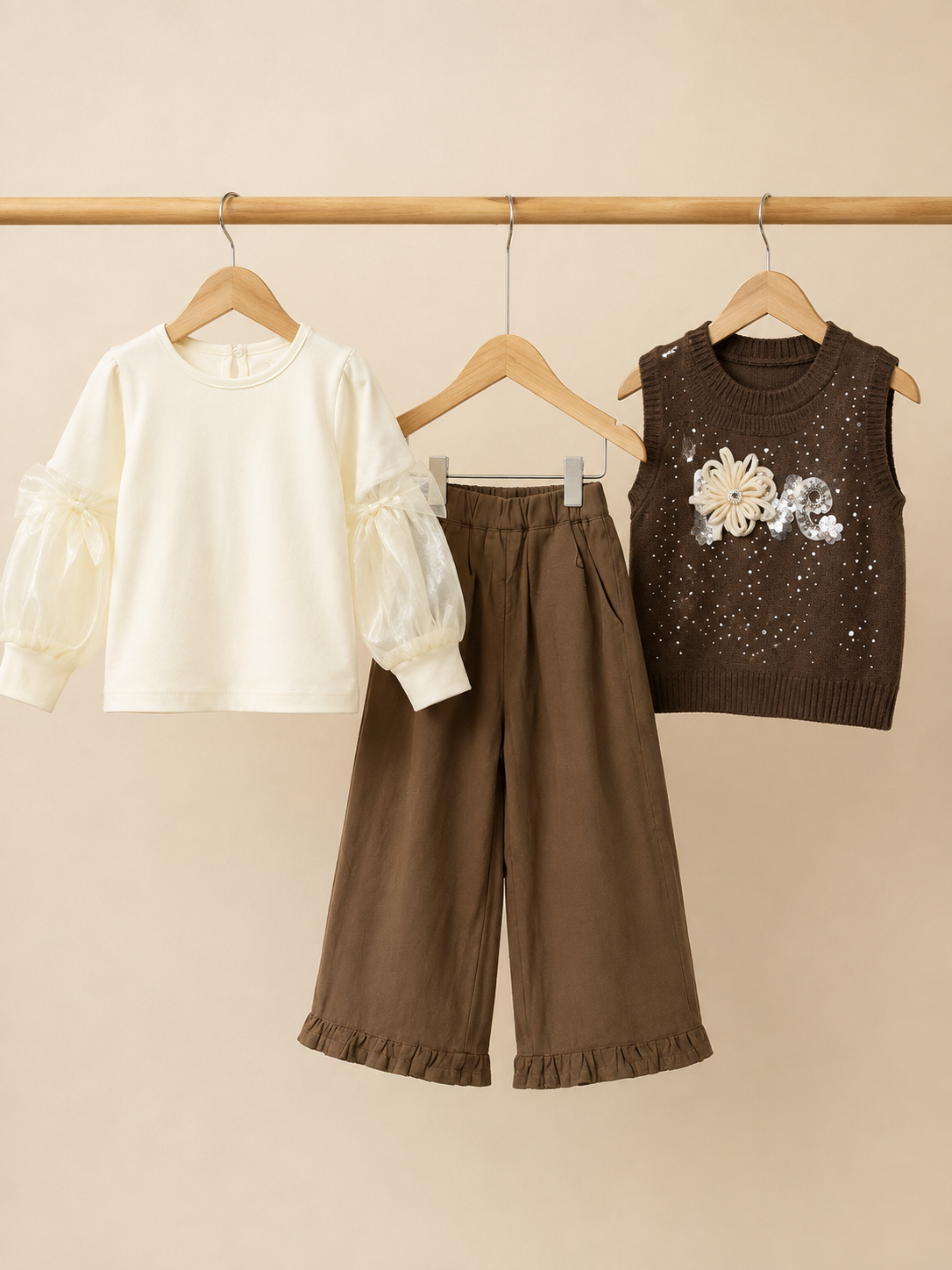 Three Piece Kids Outfit With Sheer Sleeve Top Vest And Ruffle Trousers