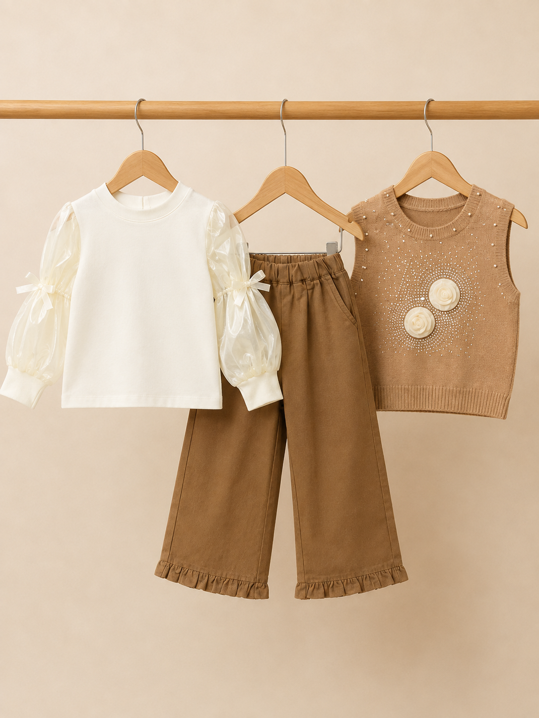 Elegant 3-Piece Girls Fall Outfit Set Featuring Sheer Puff Sleeve Top and Knit Vest