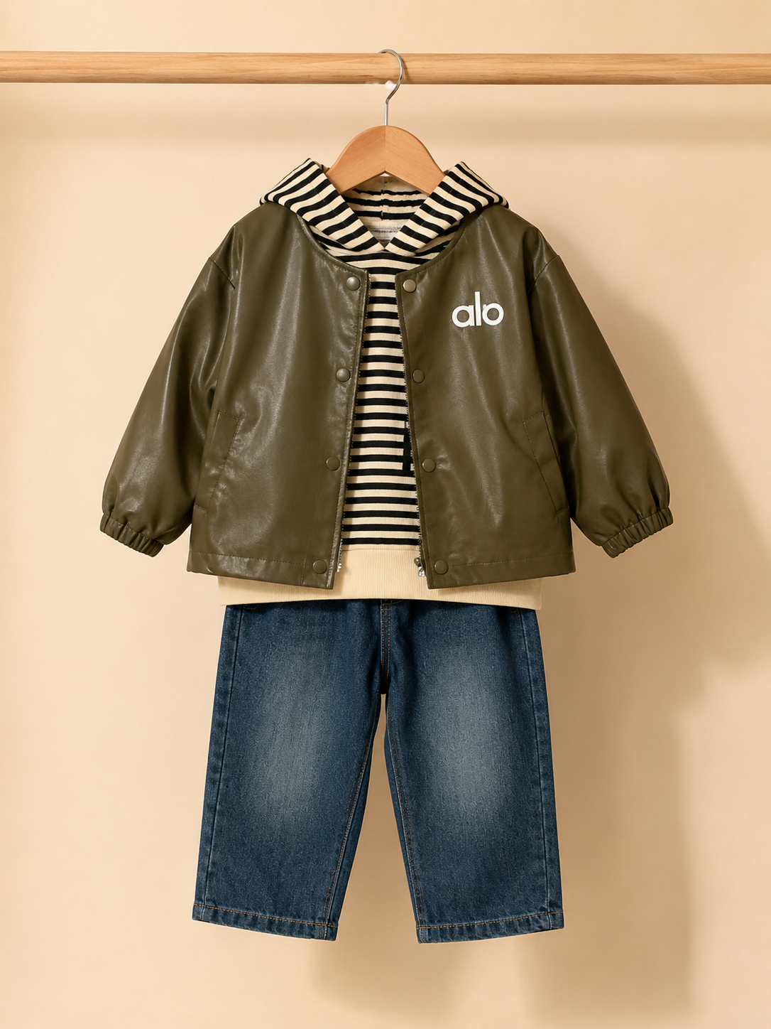 Stylish Kids Faux Leather Jacket with Striped Hoodie and Denim Jeans Three Piece Clothing Set