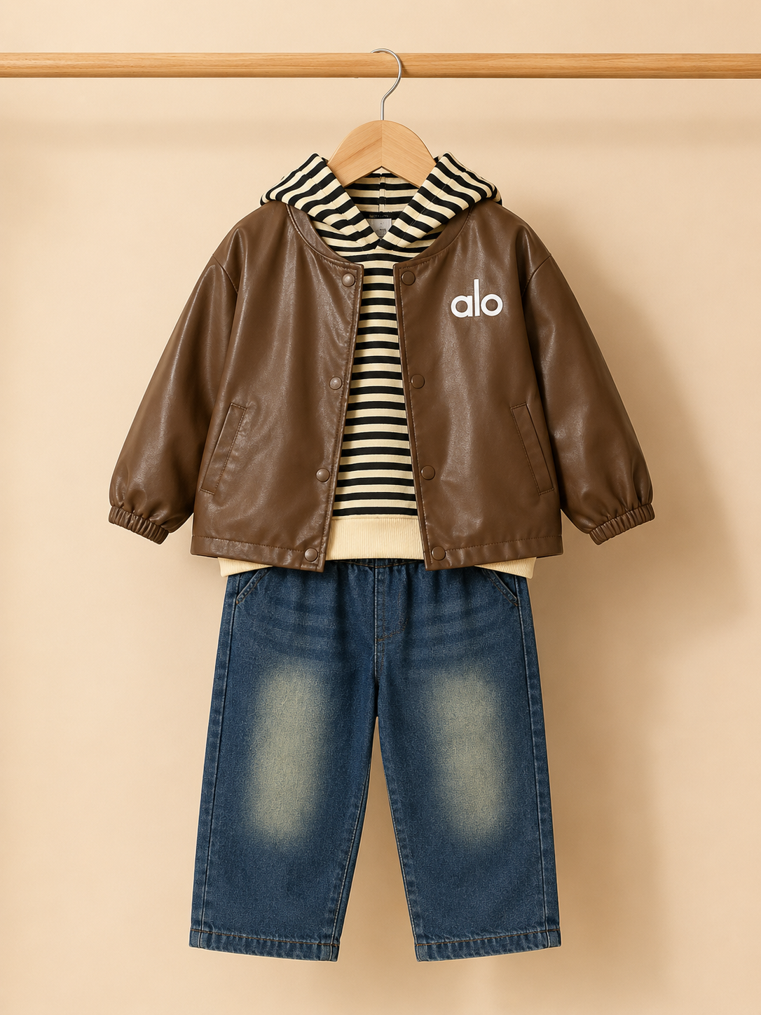 Stylish Kids Faux Leather Jacket with Striped Hoodie and Denim Jeans Three Piece Clothing Set