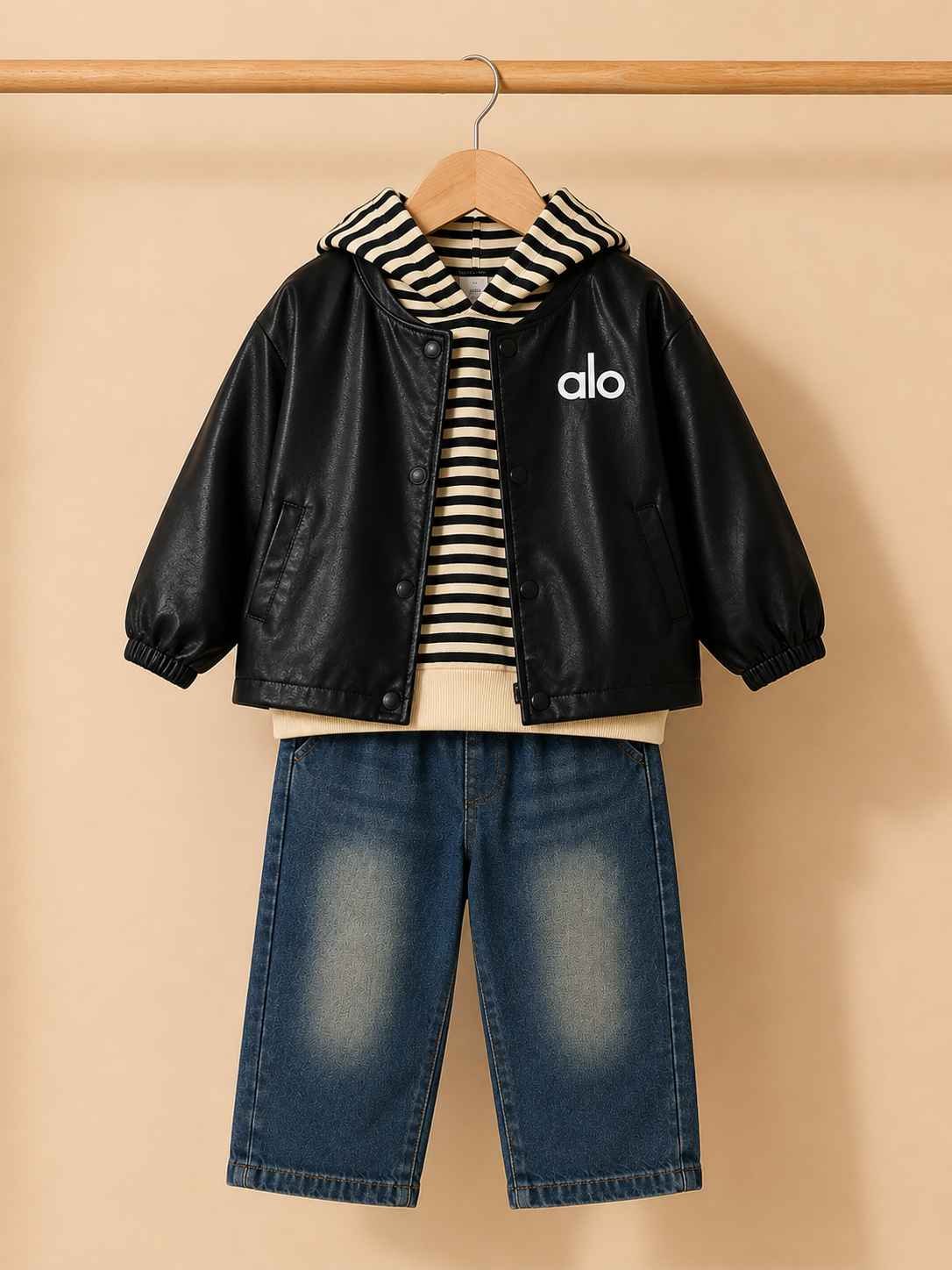Stylish Kids Faux Leather Jacket with Striped Hoodie and Denim Jeans Three Piece Clothing Set