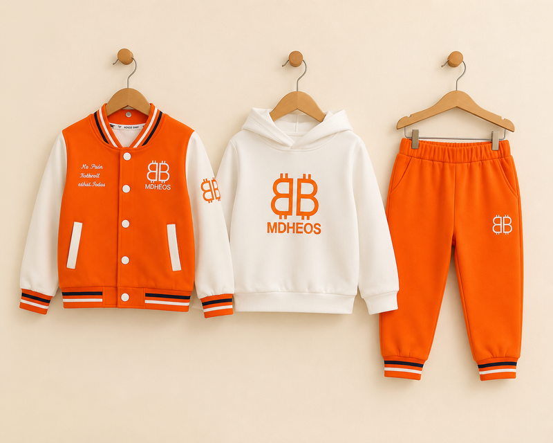 Kids Orange and White Varsity Jacket White Hoodie and Jogger Pants Set