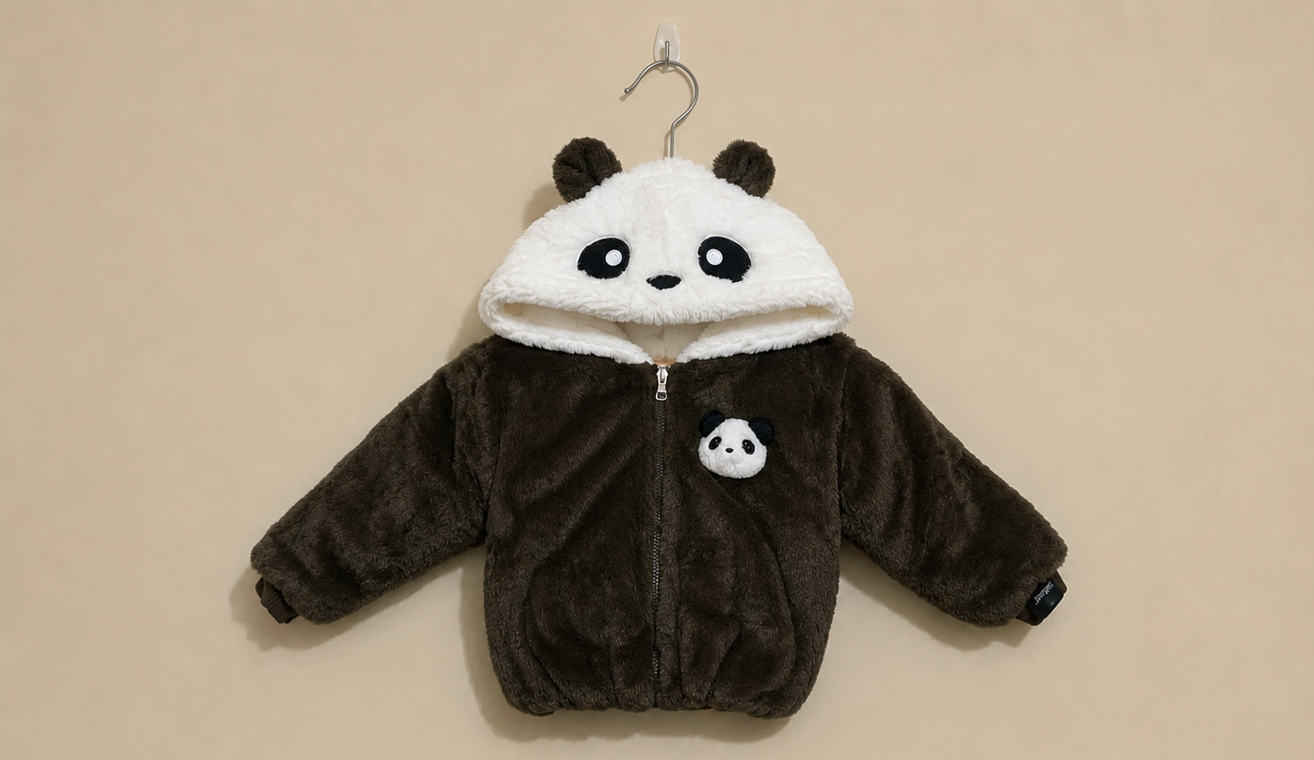 Kids white faux fur panda hoodie jacket with cute ears and front zipper closure.