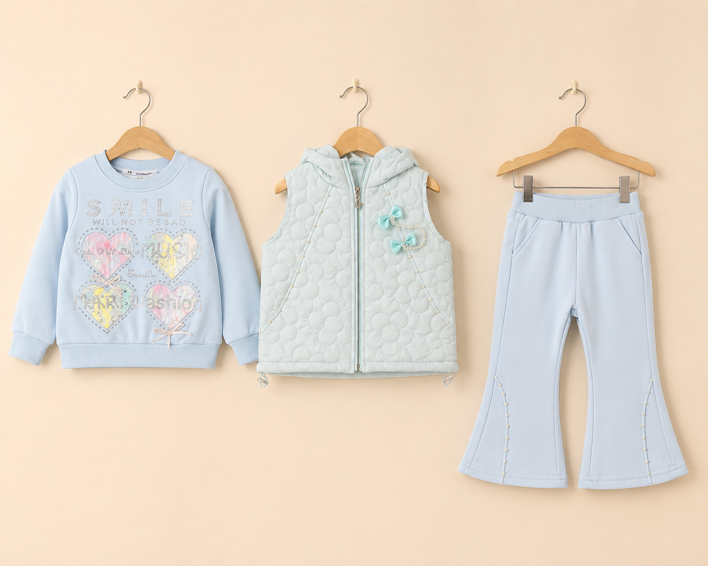 Girls Stylish 3-Piece Winter Outfit Set Featuring Quilted Vest Sweatshirt And Matching Trousers