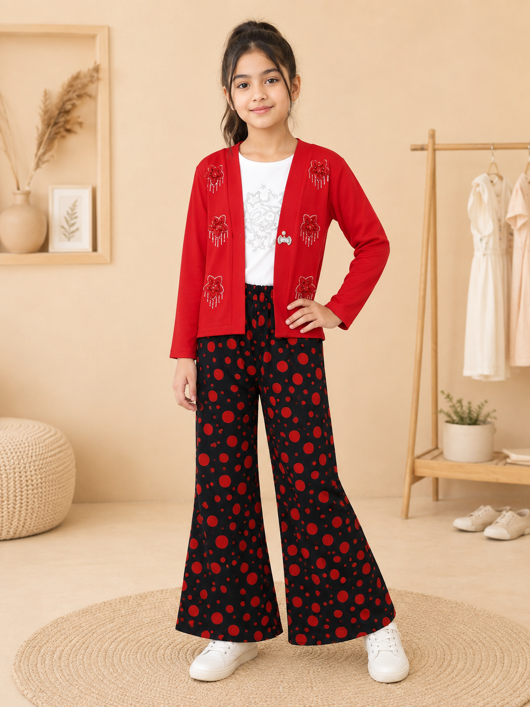 Stylish 3-Piece Girls Winter Outfit Featuring Black Cardigan, White Inner Top, and Polka Dot Trousers