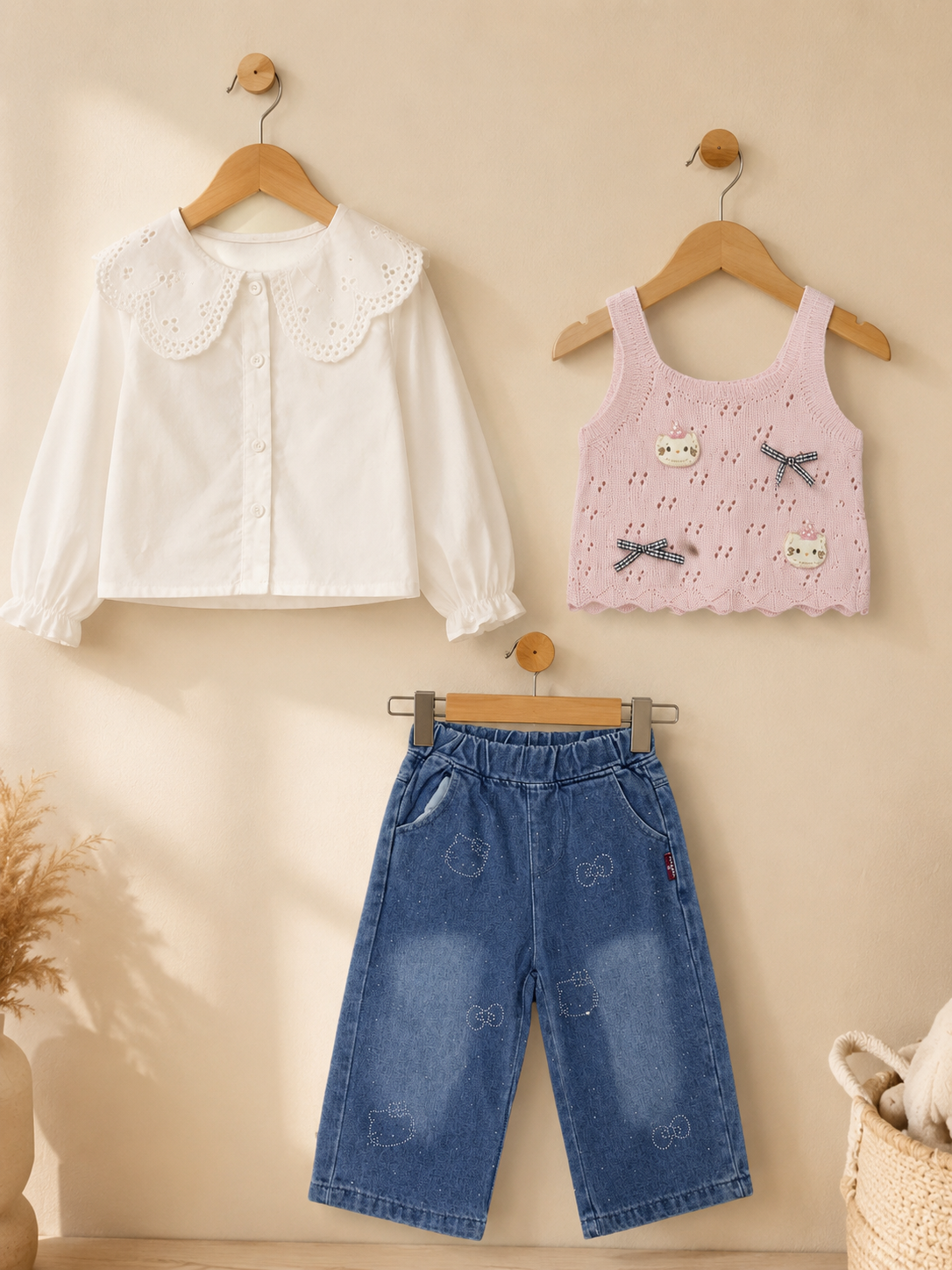Stylish Baby Girls White Shirt And Knit Tank Top With Denim Jeans Outfit Set