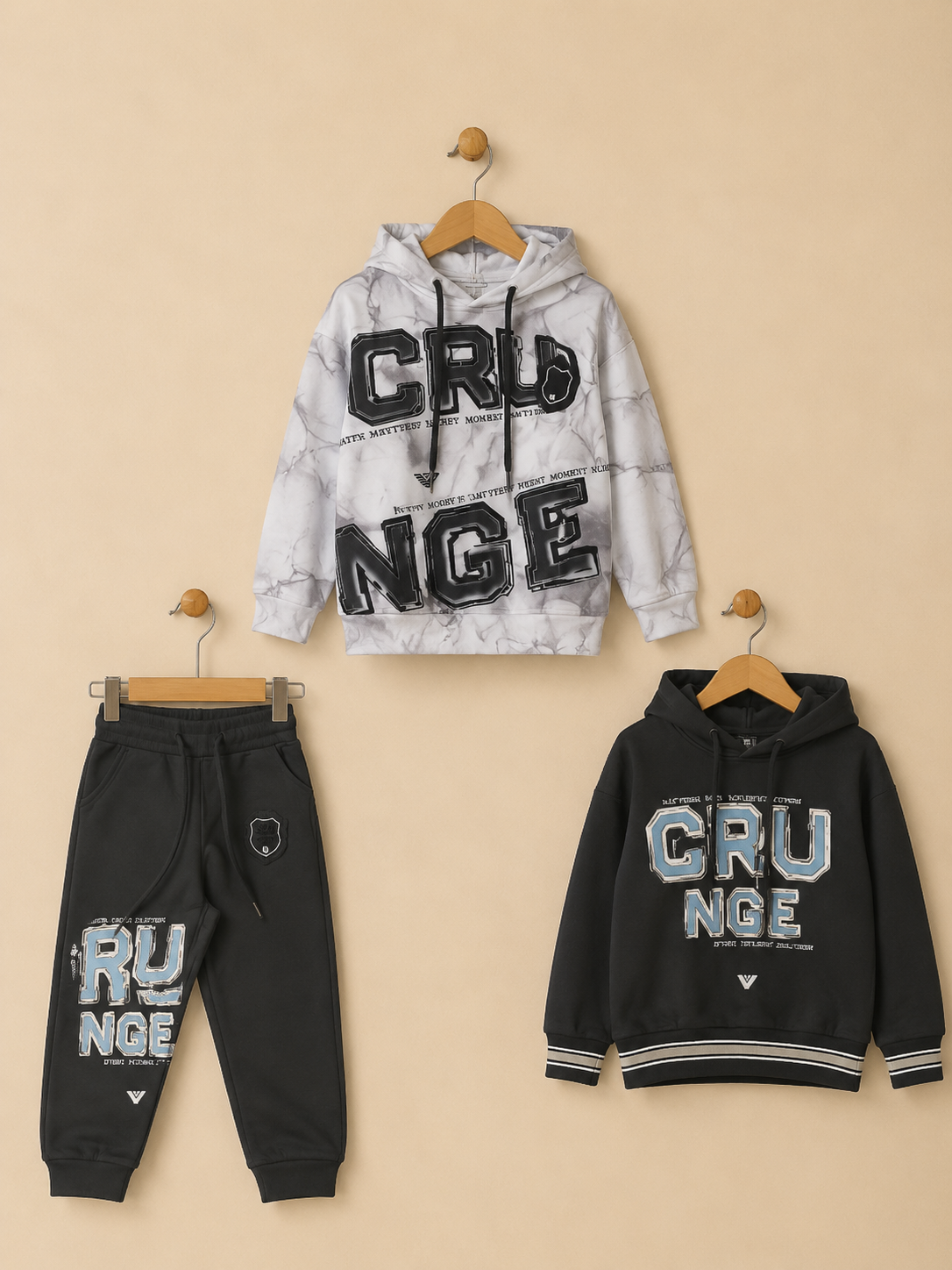 Stylish Boys Three Piece Winter Outfit Featuring Printed Hoodie Matching Trouser And Puffer Vest