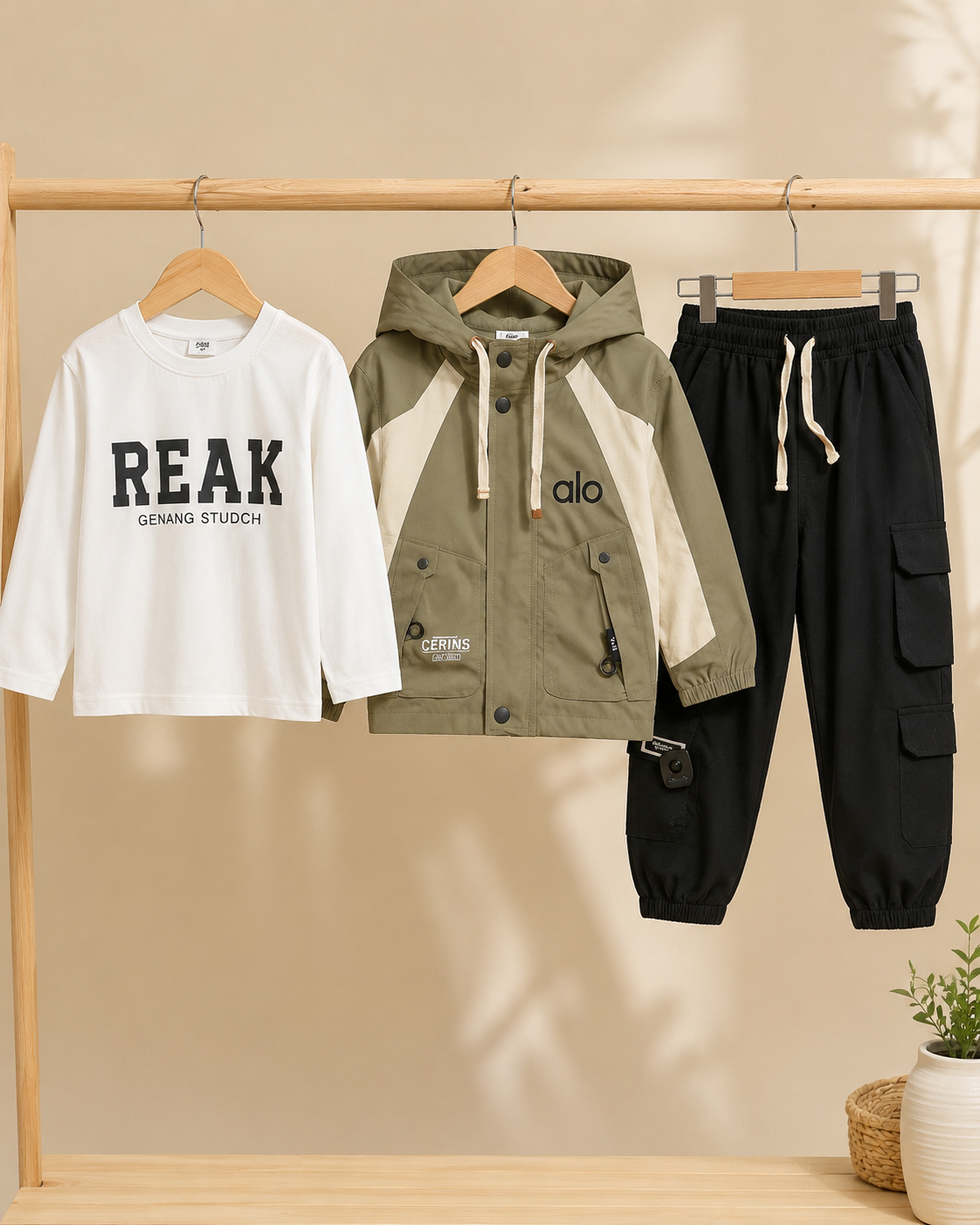 Trendy Kids Color Block 3-Piece Outfit Featuring Hooded Jacket, Printed Shirt, Cargo Pants