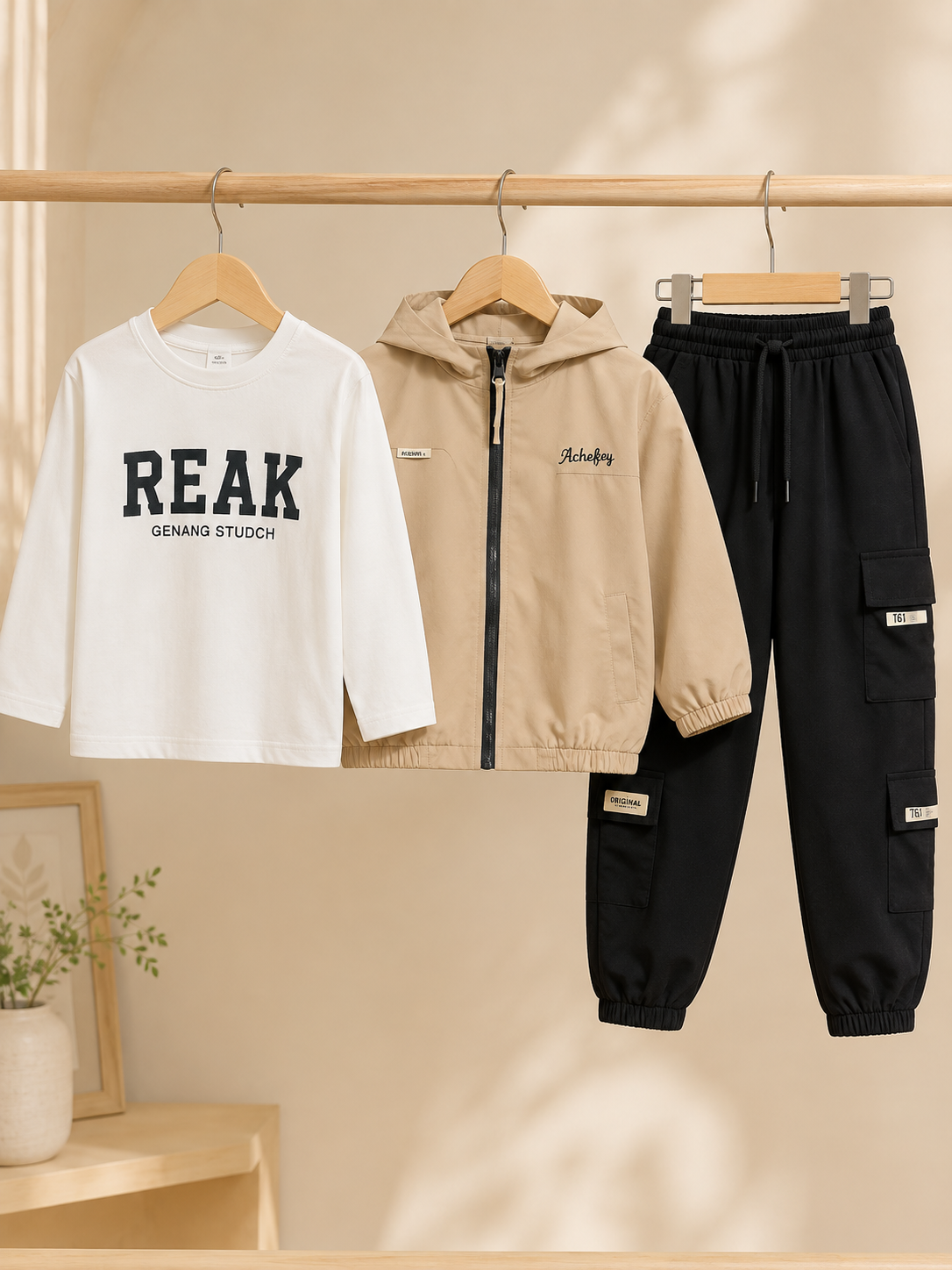 Stylish Kids 3-Piece Outfit Set Featuring Comfortable Hoodie, Printed T-Shirt, and Cargo Trousers