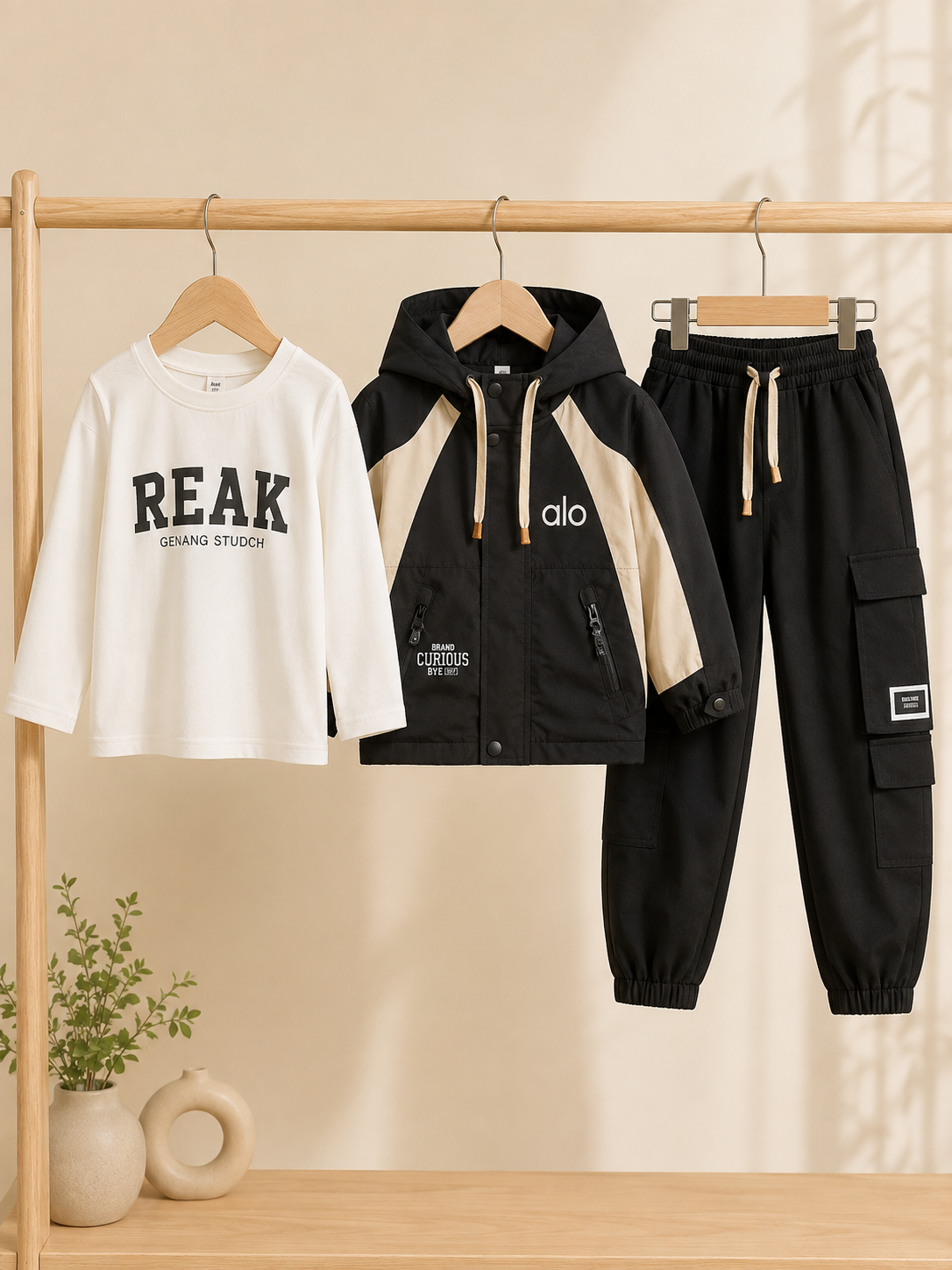 Trendy Kids Color Block 3-Piece Outfit Featuring Hooded Jacket, Printed Shirt, Cargo Pants
