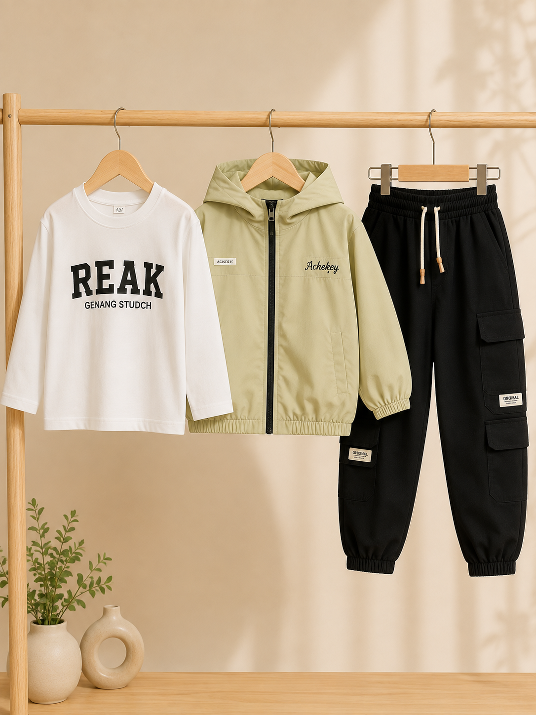 Stylish Kids 3-Piece Outfit Set Featuring Comfortable Hoodie, Printed T-Shirt, and Cargo Trousers