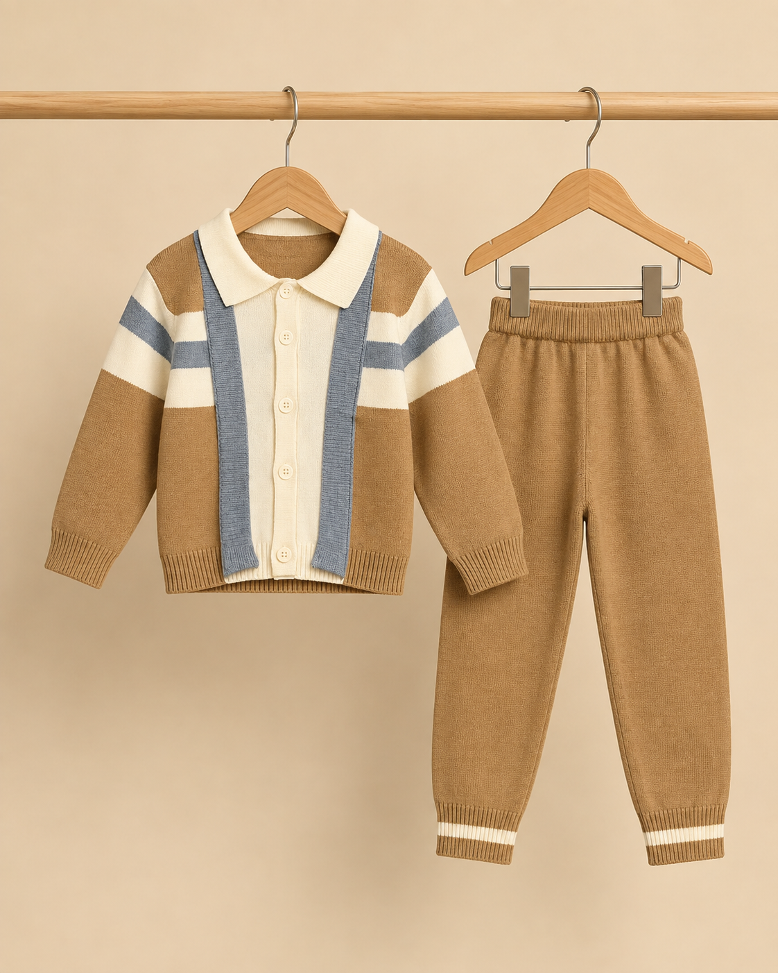 Kids Fashion Knitwear Colorblock Cardigan And Full Length Trouser Matching Winter Outfit Set
