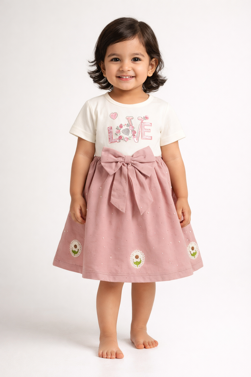 Girls' Elegant "LOVE" Graphic Tutu Dress with Oversized Bow and Floral Embroidery Accents